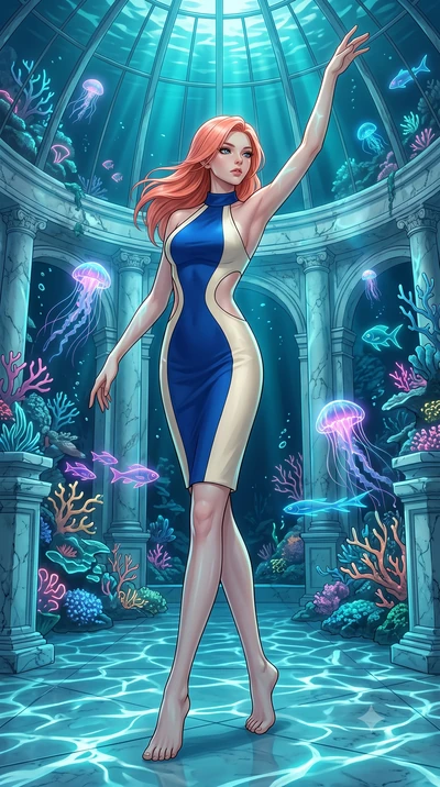 score_9, masterpiece, best quality, ultra-detailed, high-budget anime keyframe, editorial fashion photography, tasteful artistic composition, Japanese woman. low angle full-body shot from head to toe showing her feet, filling the entire 9:16 vertical