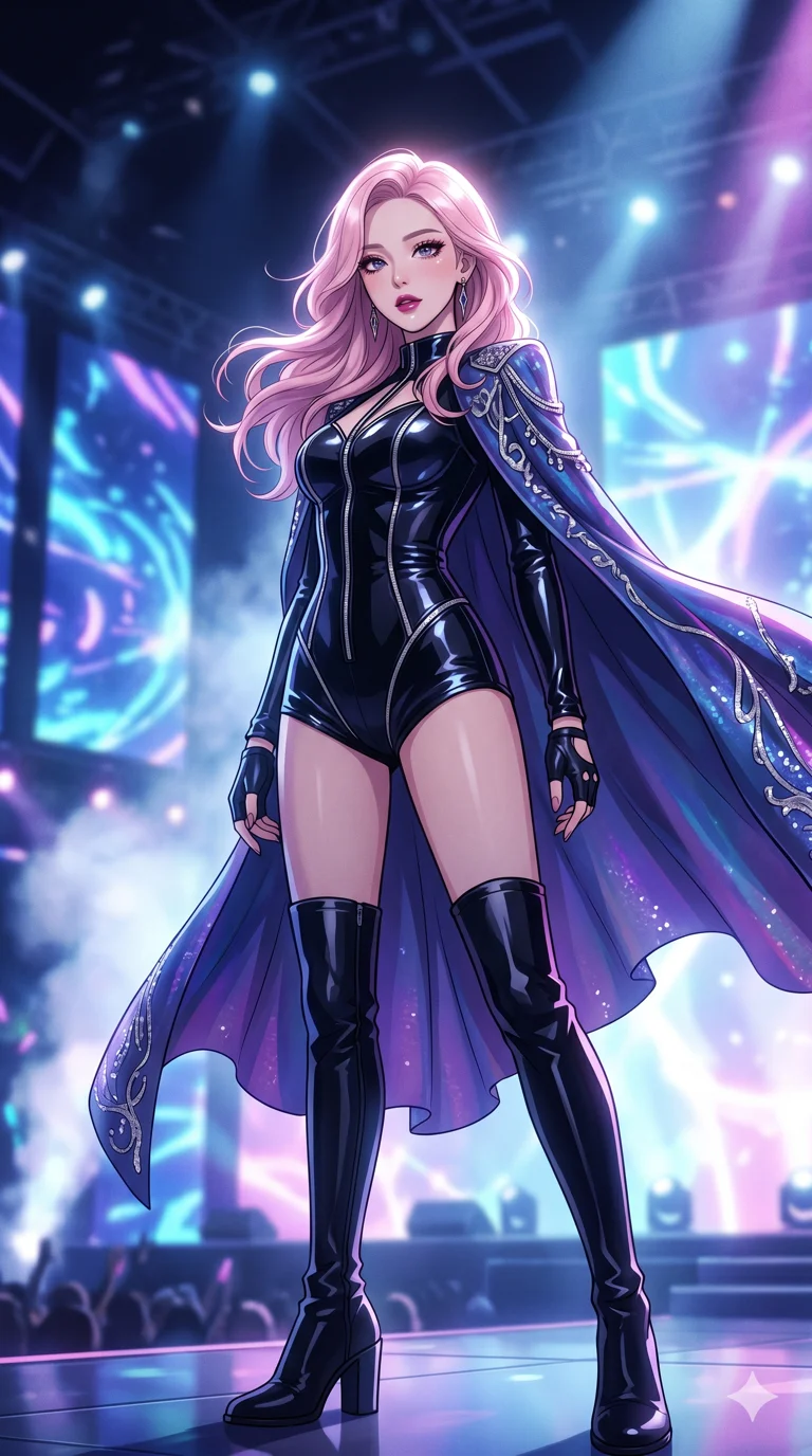 score_9, masterpiece, best quality, ultra-detailed, semi-realistic high-budget anime keyframe, an incredibly beautiful Korean woman. Low angle cowboy shot filling the frame. She has an absolutely perfect 8-heads proportion, an exceptionally tall female figure with long slender legs and a voluptuous body. Her face is a highly detailed masterpiece featuring a v-shaped jawline, high-bridge nose, intricate jewel-like eyes, thick eyelashes, and glossy lips. She has pastel pink flowing hair. She is wearing a tight-fitting glossy pvc stage bodysuit, cleavage visible, majestic pop-star cape, highlighting her alluring silhouette. High-budget music show stage, volumetric fog, dramatic rim lighting, cinematic shadows, 2k, ultra detail, master piece, 9:16 ratio