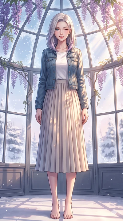 score_9, masterpiece, best quality, ultra-detailed, high-budget anime keyframe, vibrant anime aesthetic, Caucasian woman, strictly human ears. low angle full-body shot from head to toe showing her feet, filling the entire 9:16 vertical frame with her