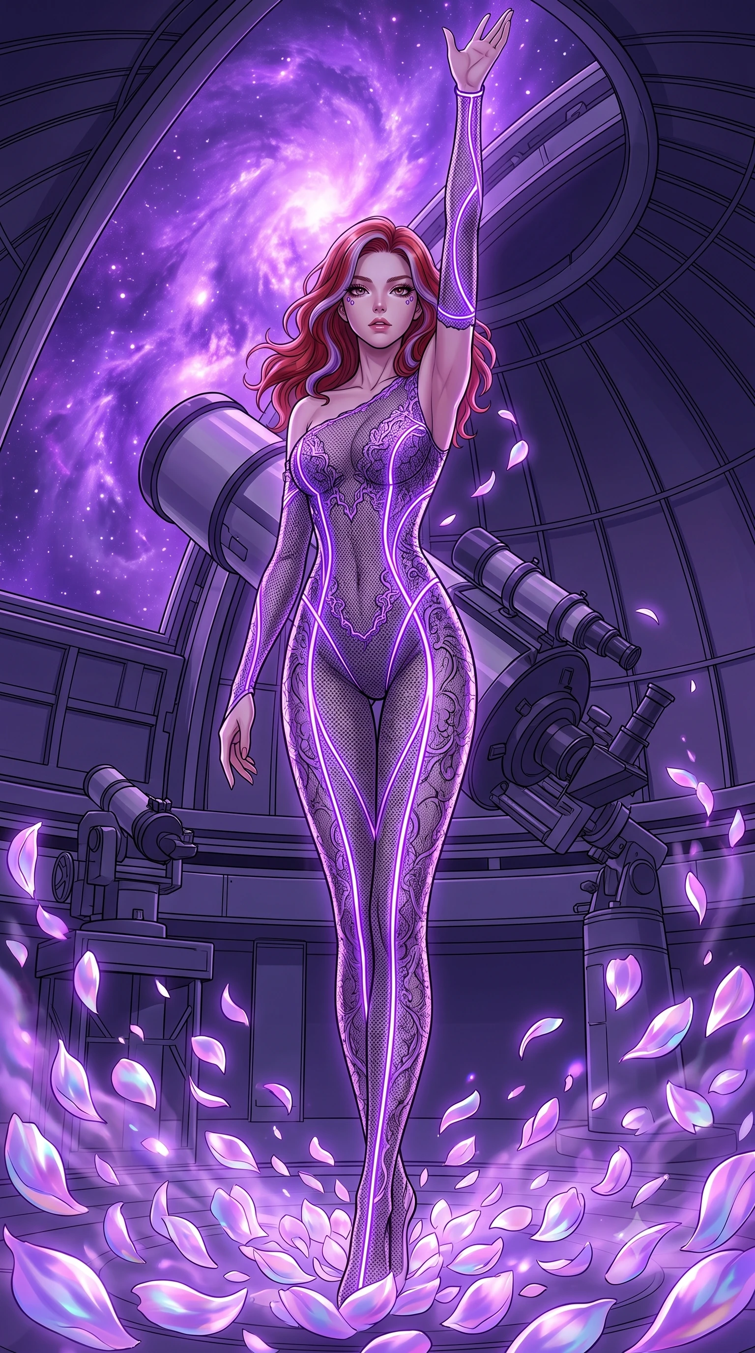 score_9, masterpiece, best quality, ultra-detailed, High-budget Anime Keyframe, Caucasian woman, strictly human ears. Dynamic full-body shot stretching the vertical silhouette to the limit. Scenario 271: dissolving into a cloud of iridescent silk petals inside a high-altitude observatory dome under a swirling violet nebula. Her presence is magnetic and overpowering in this high-budget anime scene. Outfit 271: a tailored micro-mesh lace mesh with a low-cut shoulder and glowing LED seams. The clothing is designed to emphasize her exceptionally tall and slender 8-heads proportion. 8-heads proportion, towering silhouette, ultra-slim waist. sharp v-shaped jawline, intricate jewel-like eyes with depth, thick eyelashes, glossy lips. 2k, ultra detail, master piece, 9:16 ratio