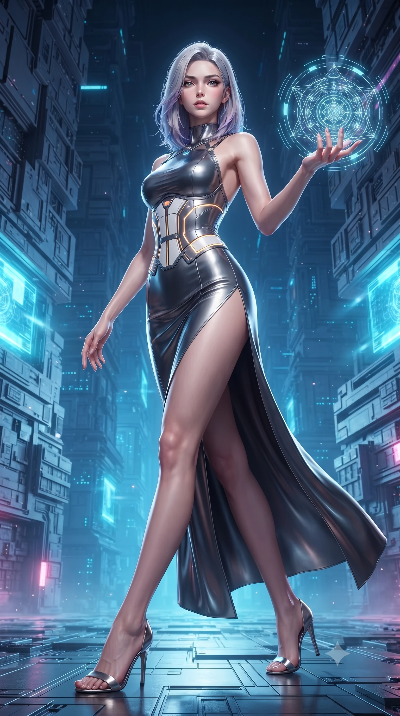 score_9, masterpiece, best quality, ultra-detailed, high-budget anime keyframe, editorial fashion photography, tasteful artistic composition, Caucasian woman. low angle full-body shot from head to toe showing her feet, filling the entire 9:16 vertical frame with her statuesque presence, stretching her vertical silhouette. striding forward with commanding supermodel grace, her 8.5-heads statuesque silhouette dominating the vertical frame from head to toe while extending one arm with sovereign authority as complex holographic geometric mandalas orbit her fingertips. The surrounding environment is rendered in vivid detail and crisp panoramic clarity. vibrant high-contrast cybernetic lighting and monumental quantum architecture in panoramic precision. She has an absolutely perfect, statuesque 8.5-heads proportion, an exceptionally tall and slender model-like female figure with impossibly long slender legs, a toned flat midriff, and an ultra-slim waist. sharp v-shaped jawline, high-bridge nose, intricate jewel-like eyes with depth, thick eyelashes, glossy lips with a natural sheen, flawlessly proportioned anatomical accuracy, strict slender model proportions, natural body alignment, perfectly sculpted long slender limbs, ultra-slim waistline, clean dynamic posture without body distortion. wearing a backless molten silver liquid-metal gown with a high-cut side slit and precision-fitted waist boning in high-contrast monochrome white enamel and glowing amber lines, crafted from delicate iridescent organza interwoven with luminescent micro-fibers, reinforced by a sleek metallic chrome harness and delicate glowing micro-straps, the form-contouring material adhering flawlessly to her sculpted flat midriff and slender torso, emphasizing her long leg lines and perfectly proportioned willowy build. bathed in glowing electric sapphire and cyan data stream illumination with rich ambient blue fill. ultra-reflective glossy finish, specular highlights, dark metallic sheen, high-contrast stereoscopic depth, volumetric dynamic lighting, 2k, ultra detail, master piece, 9:16 ratio