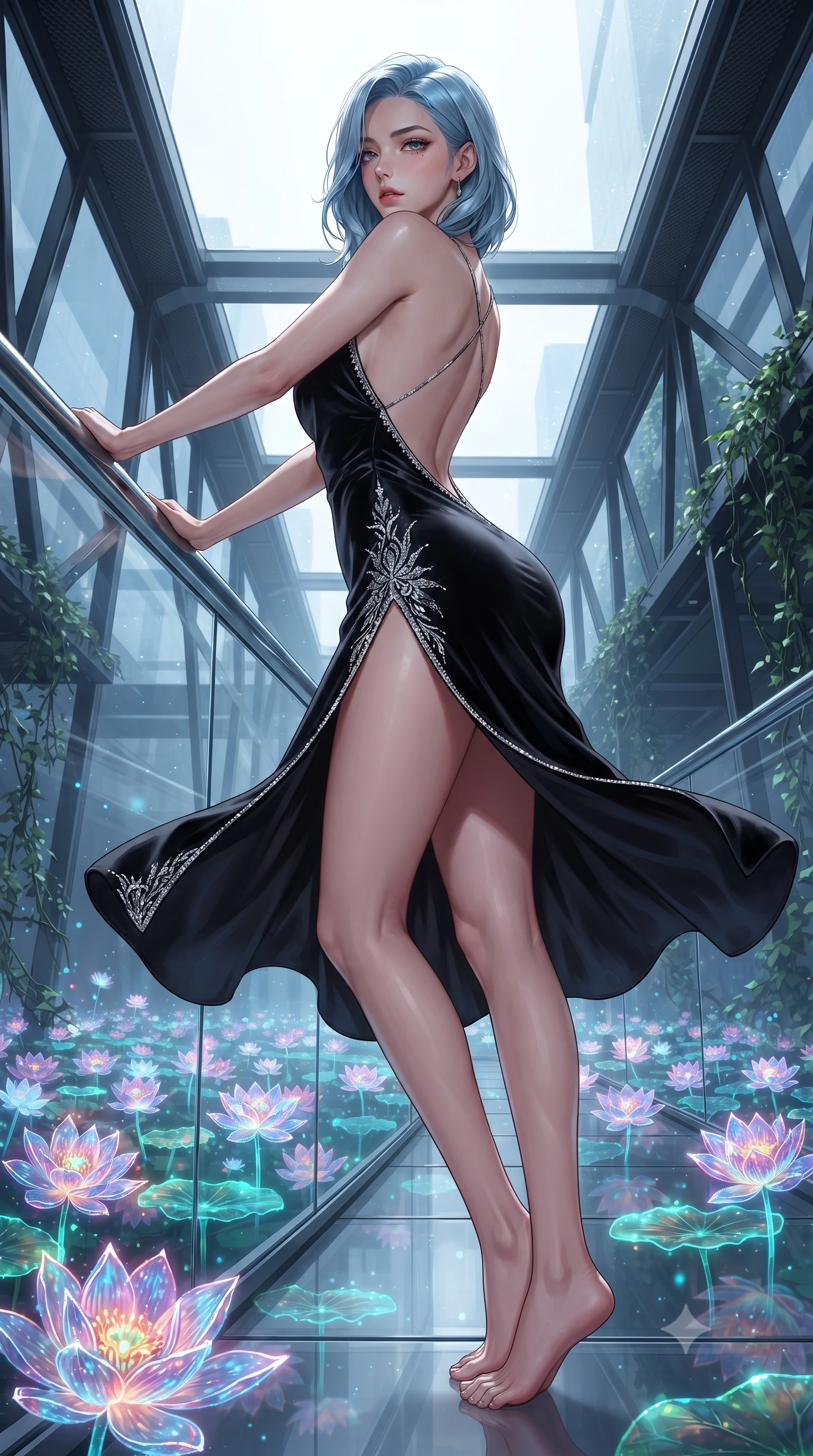 score_9, masterpiece, best quality, ultra-detailed, high-budget anime keyframe, editorial fashion photography, tasteful artistic composition, Korean woman. low angle full-body shot from head to toe showing her feet, filling the entire 9:16 vertical frame with her statuesque presence, stretching her vertical silhouette. executing an elegant mid-motion pivot turn as garments swirl around her slender limbs, glancing over her shoulder with an intoxicating bedroom-gaze while leaning deep against the transparent skybridge railing with hips cocked back, looking over her bare shoulder with bedroom-eyes as holographic lotus flowers bloom below. The surrounding environment is rendered in vivid detail and crisp panoramic clarity. sharp carbon-fiber skyway trusses, transparent acrylic floor seams, and biomimetic vine textures in deep focus. She has an exceptionally tall and slender model-like 8.5-heads proportion, an ultra-slim waist, a flat toned midriff, narrow delicate ribcage, and beautifully sculpted feminine hips creating a graceful, slim hourglass silhouette without any bulky heaviness, with impossibly long slender legs. sharp v-shaped jawline, high-bridge nose, intricate jewel-like eyes with depth, thick eyelashes, glossy parted lips with a natural sheen, intensely captivating and seductive bedroom-eyes expression, flawlessly proportioned anatomical accuracy, strict slender model proportions, natural body alignment, perfectly sculpted long slender limbs, ultra-slim waistline, clean dynamic posture without body distortion. wearing a backless cowl-neck satin slip dress featuring high-cut side hip slits and delicate criss-cross back straps in pitch-black velvet with diamond crystal trim, made of fluid silk crepe with delicate inner corsetry boning, finished with delicate crystal frost embroidery tracing the plunging neckline, the precision-cut side openings and low-back scoop framing her graceful spine and the sensual sweep of her slim, toned hips. illuminated by wet glass specular reflections sculpting her razor-sharp jawline, narrow waist, and curvy hips. ultra-reflective glossy finish, specular highlights, rich textural contrasts, high-contrast stereoscopic depth, volumetric dynamic lighting, 2k, ultra detail, master piece, 9:16 ratio