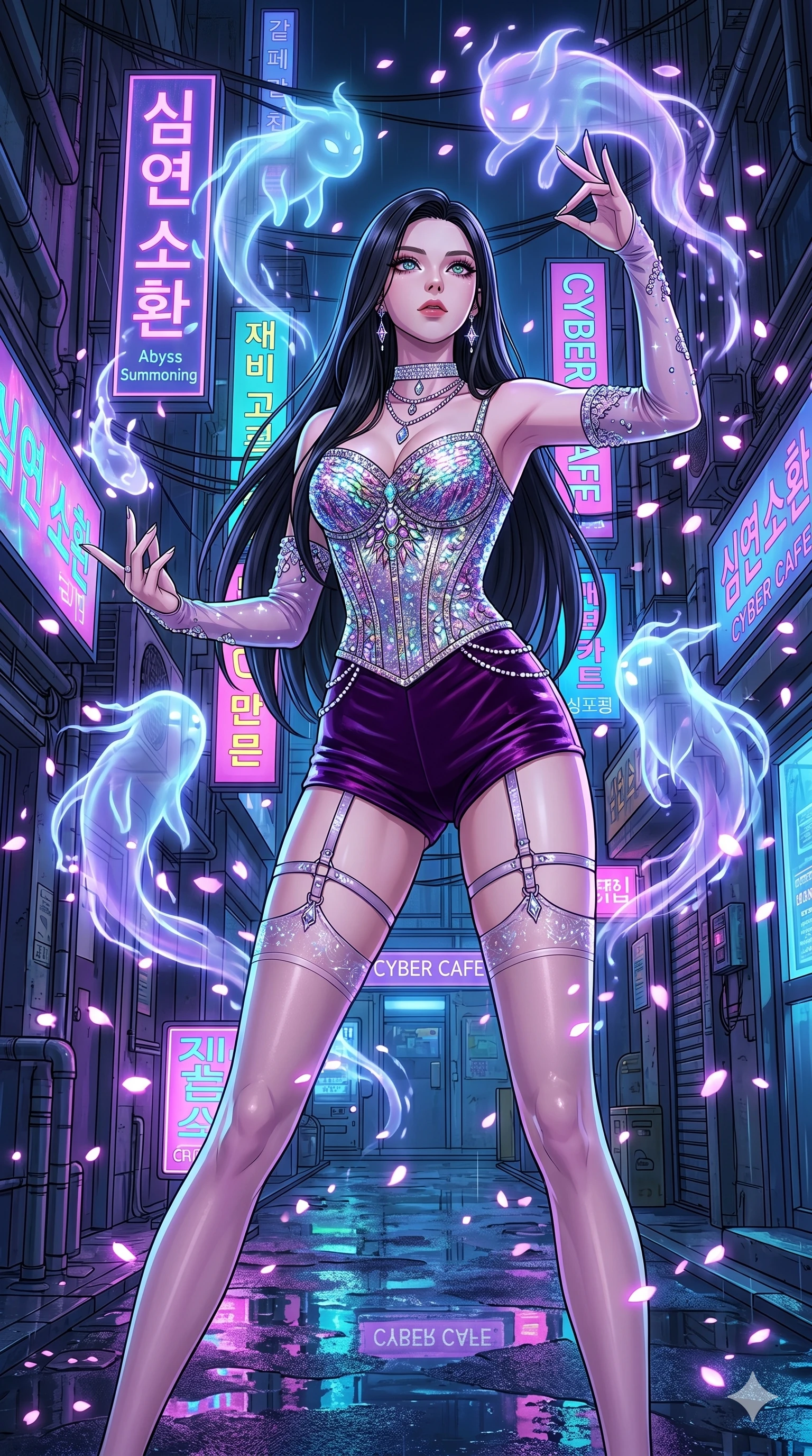 score_9, masterpiece, best quality, ultra-detailed, high-budget anime movie keyframe, cinematic anime lighting, intricate line art, Korean anime girl. Low angle cowboy shot filling the entire 9:16 frame with her statuesque presence. summoning mystical spirits in a neon-lit cyberpunk alleyway with digital sakura petals. She has an absolutely perfect 8-heads proportion, an exceptionally tall and slender female figure with an ultra-slim waist and impossibly long slender legs. sharp v-shaped jawline, high-bridge nose, intricate jewel-like eyes, thick eyelashes, glossy lips. Wearing luxurious K-pop idol stage outfit featuring a sparkling sequined corset, high-cut velvet shorts, and sheer silk stockings with garter belts, accessorized with crystal chokers. The scene is illuminated by dramatic atmospheric lighting and vibrant color palettes. 2k, ultra detail, master piece, 9:16 ratio