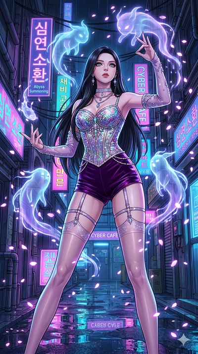 score_9, masterpiece, best quality, ultra-detailed, high-budget anime movie keyframe, cinematic anime lighting, intricate line art, Korean anime girl. Low angle cowboy shot filling the entire 9:16 frame with her statuesque presence. summoning mystica