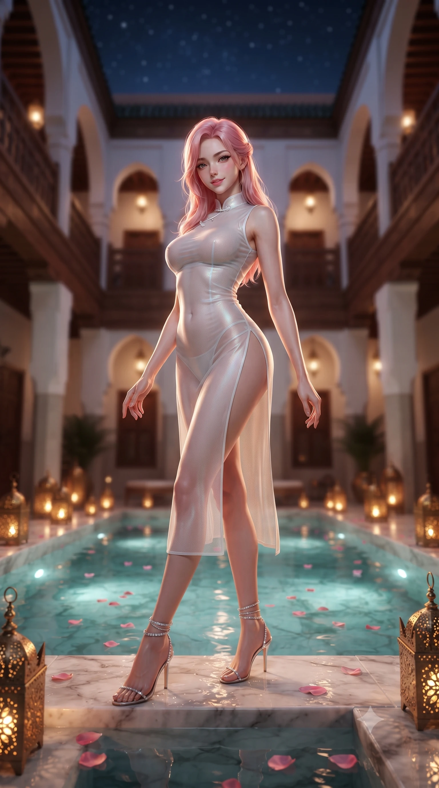 score_9, masterpiece, best quality, ultra-detailed, high-budget anime keyframe, editorial fashion photography, tasteful artistic composition, Japanese woman. low angle full-body shot from head to toe showing her feet, filling the entire 9:16 vertical frame with her statuesque presence, stretching her vertical silhouette. lounging on the lavish daybed with legs crossed and hips angled toward the camera, displaying her toned midriff and long slender limbs with effortless siren poise while standing poised on the submerged marble ledge of the courtyard pool inside the soaring three-story riad, arching her back with breathtaking siren grace as pink rose petals float around her. The background shows a soft-focus three tiers of carved cedar wood balconies surrounding the courtyard, soaring stucco horseshoe arches, and starry sky visible through the open roof blurred into cobalt, copper, and rose bokeh. She has an absolutely perfect, statuesque 8.5-heads proportion, an exceptionally tall and slender model-like female figure with impossibly long slender legs, an ultra-slim waist, a flat toned midriff, narrow delicate ribcage, and beautifully sculpted feminine hips creating a graceful, slim hourglass silhouette without any bulky heaviness. sharp v-shaped jawline, high-bridge nose, sparkling eyes with hypnotic seductive depth, thick curled eyelashes, glossy parted lips with a natural dewy peach sheen, alluring bedroom-eyes with an enchanting coquettish smile, exuding magnetic siren charisma and sophisticated glamour, flawlessly proportioned anatomical accuracy, strict slender model proportions, natural body alignment, perfectly sculpted long slender limbs, ultra-slim waistline, clean dynamic posture without body distortion. wearing a modern cheongsam-inspired form-fitting sheer mesh cocktail dress with mandarin collar and dramatic hip-high side slits in pure alabaster with iridescent mother-of-pearl sheen, made of semi-opaque stretch illusion mesh with soft shadowy contours, complemented by strappy stiletto sandals with crystal ankle wraps accentuating her slender calves, the glove-like clinging cut tightly following the natural contour of her hips and long slender legs with youthful 8.5-heads elegance. bathed in the warm, flickering amber glow of dozens of perforated brass floor lanterns mixed with underwater turquoise pool illumination. ultra-reflective glossy finish, specular highlights, rich textural contrasts, high-contrast stereoscopic depth, volumetric dynamic lighting, 2k, ultra detail, master piece, 9:16 ratio