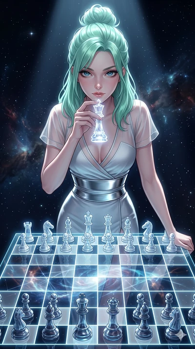 score_9, masterpiece, best quality, ultra-detailed, high-budget anime keyframe, Japanese woman. Upper body close-up from the thighs up, character filling the screen for maximum presence. She is leaning over a giant glowing glass chess board floating 