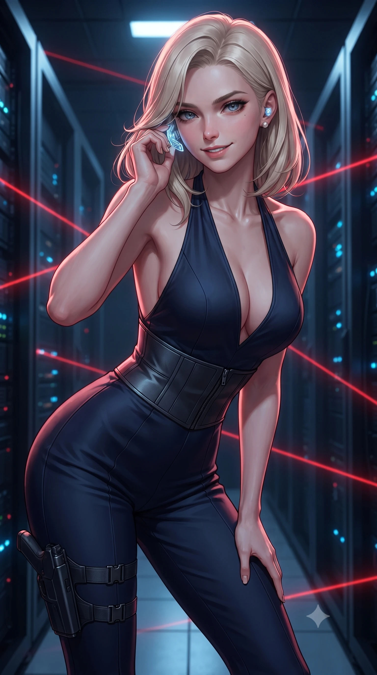 score_9, masterpiece, best quality, ultra-detailed, high-budget anime keyframe, editorial fashion photography, tasteful artistic composition, Caucasian woman. close-up cowboy shot from the waist and thighs up, the character dominates the composition, filling the frame with her large presence. leaning forward with playful, captivating grace, her sculpted collarbones and slender neckline highlighted by directional light while standing poised between narrow laser beam corridors, tapping her holographic earpiece with a cool, triumphant smirk. The surrounding environment is rendered in vivid detail and crisp panoramic clarity. deep high-contrast espionage chiaroscuro and ultra-modern data fortress architecture in precision. She has an exceptionally elegant, slender, and willowy female figure with an ultra-slim waist, a gracefully sculpted slender torso, toned flat midriff, and a refined slim silhouette. sharp v-shaped jawline, high-bridge nose, intricate jewel-like eyes with depth, thick eyelashes, glossy lips with a natural sheen, captivating and magnetic expression, flawlessly proportioned anatomical accuracy, strict slender model proportions, natural body alignment, perfectly sculpted long slender limbs, ultra-slim waistline, clean dynamic posture without body distortion. wearing a high-society undercover halter-neck jumpsuit with a tailored deep-V back and integrated tactical waist cincher in deep midnight blue and brushed gunmetal, tailored from fluid silk crepe with inner ballistic reinforcement, accessorized with a sleek concealed garter holster and pearl ear transmitter, the liquid-tight tailored fabric emphasizing every curve of her tall, slender model proportions and sculptured silhouette during dynamic movement. bathed in dramatic intersecting red laser beam illumination and cool blue server indicator glow. ultra-reflective glossy finish, specular highlights, rich textural contrasts, high-contrast stereoscopic depth, volumetric dynamic lighting, 2k, ultra detail, master piece, 9:16 ratio