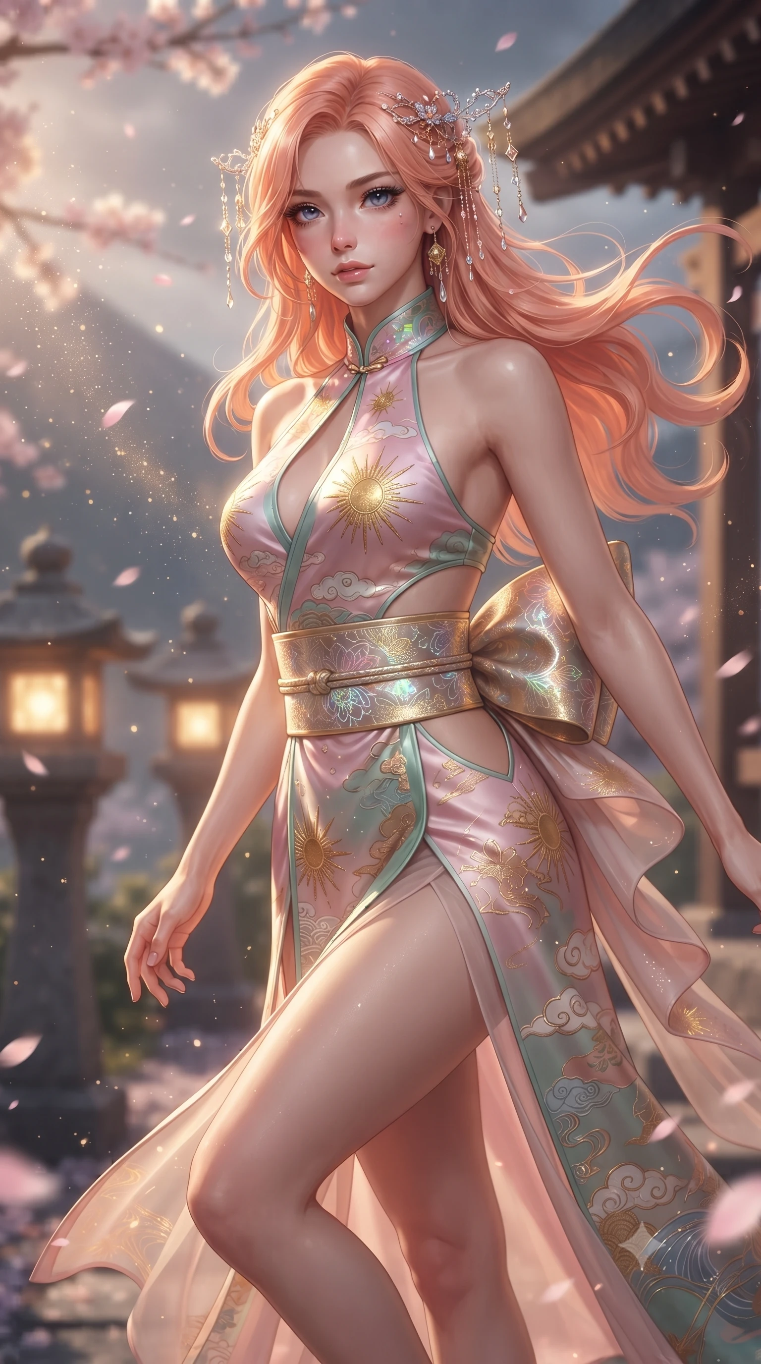 score_9, masterpiece, best quality, ultra-detailed, high-budget anime keyframe, editorial fashion photography, tasteful artistic composition, Japanese woman. close-up cowboy shot from the waist and thighs up, the character dominates the composition, filling the frame with her large presence. leaning forward with playful, captivating grace, her sculpted collarbones and slender neckline highlighted by directional light while stepping along the mountain crest path as wind whips cherry blossom petals and stardust around her statuesque silhouette. The composition keeps background elements in soft focus with creamy bokeh. glowing stone lanterns and wooden shrine eaves softened in cinematic shallow depth of field. She has an exceptionally elegant, slender, and willowy female figure with an ultra-slim waist, a gracefully sculpted slender torso, toned flat midriff, and a refined slim silhouette. sharp v-shaped jawline, high-bridge nose, intricate jewel-like eyes with depth, thick eyelashes, glossy lips with a natural sheen, captivating and magnetic expression, flawlessly proportioned anatomical accuracy, strict slender model proportions, natural body alignment, perfectly sculpted long slender limbs, ultra-slim waistline, clean dynamic posture without body distortion. wearing a celestial priestess halter gown with golden sunburst embroidery and sheer leg veils in lotus petal pink and jade mist, tailored from traditional lustrous satin with delicate hand-stitched borders, complemented by a wide metallic gold obi sash with holographic floral embroidery, the precision-cut daring openings accentuating her delicate midriff, graceful bare collarbones, and ultra-slim feminine waistline. surrounded by a divine, mystical, and spiritually transcendent shrine maiden sovereign aura. ultra-reflective glossy finish, specular highlights, rich textural contrasts, high-contrast stereoscopic depth, volumetric dynamic lighting, 2k, ultra detail, master piece, 9:16 ratio