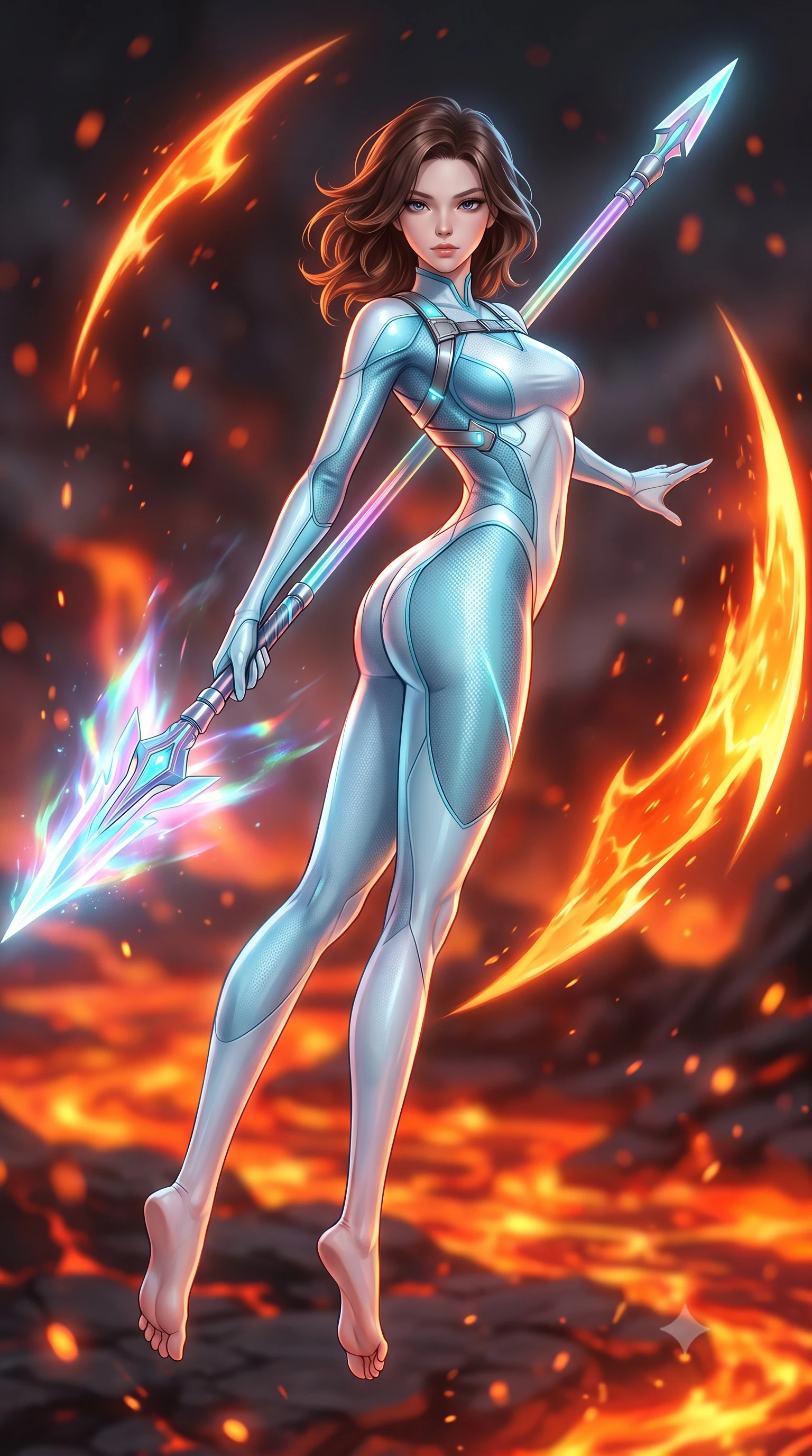 score_9, masterpiece, best quality, ultra-detailed, high-budget anime keyframe, semi-realistic 3D game render, editorial fashion photography, tasteful artistic composition, Korean woman. low angle full-body shot from head to toe showing her feet, filling the entire 9:16 vertical frame with her statuesque presence, stretching her vertical silhouette. arching her spine in a fluid zero-gravity combat turn with sovereign grace, her long slender legs and sculpted torso creating a sweeping line of power while pivoting dynamically in a sweeping spin as the molten-orange plasma scythe blade leaves a blazing crescent of light in mid-air. The composition keeps background elements in soft focus with creamy bokeh. bubbling molten lava rivers and drifting volcanic embers blurred into fiery orange, crimson, and charcoal bokeh. She has an absolutely perfect, statuesque 8.5-heads proportion, an exceptionally tall and slender model-like female figure with impossibly long slender legs, a toned flat midriff, and an ultra-slim waist. sharp v-shaped jawline, high-bridge nose, intricate jewel-like eyes with depth, thick eyelashes, glossy lips with a natural sheen, flawlessly proportioned anatomical accuracy, strict slender model proportions, natural body alignment, perfectly sculpted long slender limbs, ultra-slim waistline, clean dynamic posture without body distortion. wearing an ultra-sleek glacial-cyan and white carbon-mesh combat bodysuit with frost-resistant plating, holding a glowing high-frequency cryo-energy spear with commanding poise in high-gloss iridescent rainbow carbon with prism holographic sheen, made of lightweight aerodynamic carbon-titanium alloy with polished edge bevels, reinforced by a sleek titanium tactical harness and glowing micro-energy straps, the form-contouring material adhering flawlessly to her sculpted flat midriff and slender torso, emphasizing her long leg lines and perfectly proportioned willowy build. bathed in blazing orange magma uplights and intense molten plasma scythe glow. rich saturated anime colors with glowing neon highlights, detailed shading with soft gradients, rich glossy textures, high-contrast stereoscopic depth, volumetric dynamic lighting, master piece, 9:16 ratio