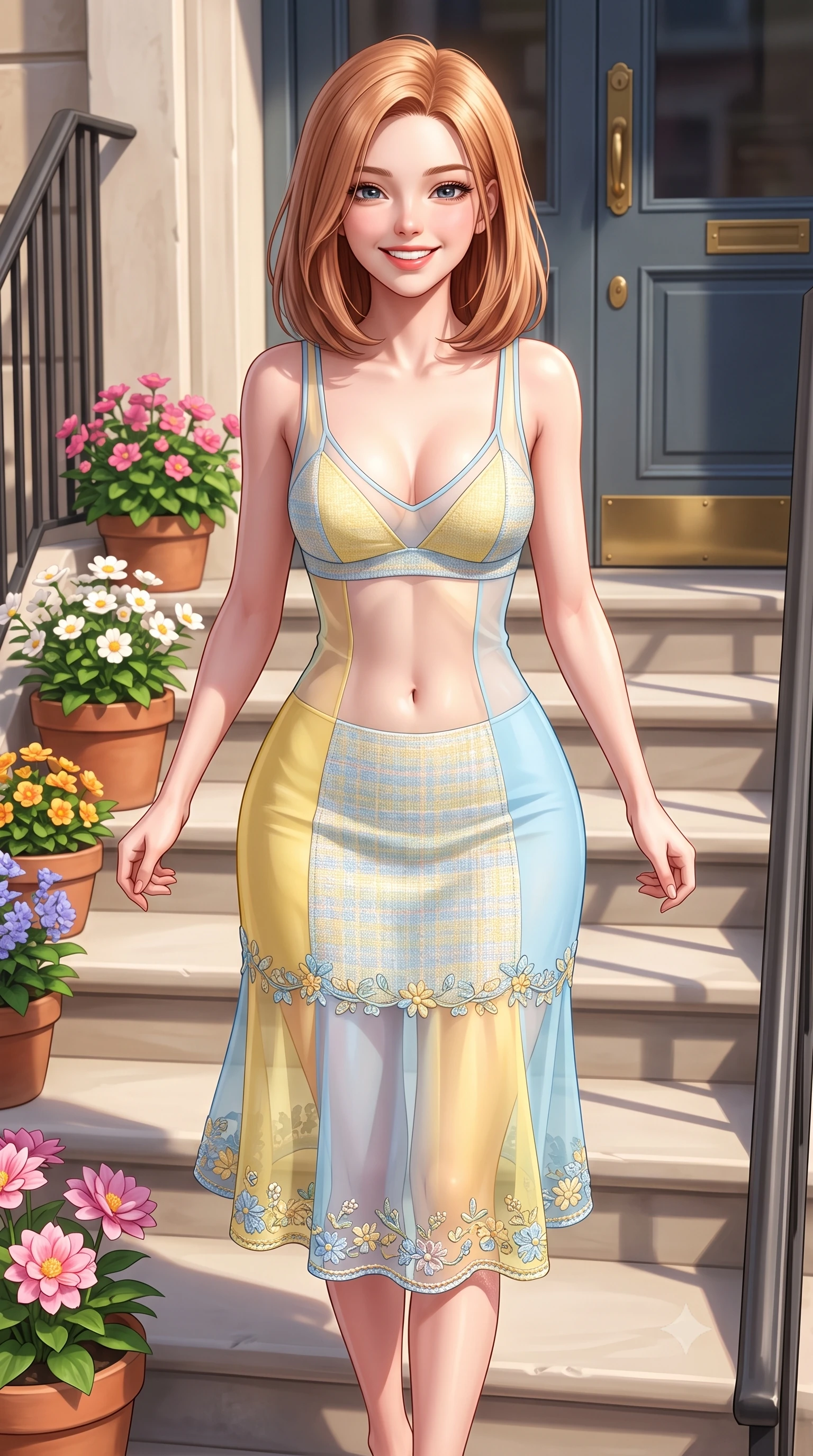 score_9, masterpiece, best quality, ultra-detailed, high-budget anime keyframe, semi-realistic 3D game render, editorial fashion photography, tasteful artistic composition, Korean woman. close-up cowboy shot from the waist and thighs up, the character dominates the composition, filling the frame with her large presence. leaning forward with playful cute grace while arching her lower back to accentuate her curvy hips, looking into the camera with a bright cheerful smile and alluring coquettish bedroom-eyes while walking down the sunlit stone steps with sovereign supermodel grace, her tailored outfit hugging her narrow waist and feminine hips. The surrounding environment is rendered in vivid detail and crisp panoramic clarity. sharp flower petal textures, smooth stone step edges, and brass boutique door hardware in deep focus. She has an exceptionally elegant, slender, and willowy female figure with an ultra-slim waist, flat toned midriff, narrow ribcage, and sculpted feminine hips creating an alluring, slim hourglass silhouette without bulk. sharp v-shaped jawline, high-bridge nose, intricate jewel-like sparkling eyes with depth, thick eyelashes, glossy parted lips with a natural peach sheen, bright cheerful beaming smile with an enchanting and coquettish sensual glint, exuding both youthful cute charm and seductive allure, flawlessly proportioned anatomical accuracy, strict slender model proportions, natural body alignment, perfectly sculpted long slender limbs, ultra-slim waistline, clean dynamic posture without body distortion. wearing a delicate semi-sheer chiffon sun-slip dress layered over a matching pastel bralette, hugging her slender waist and hips in sunny daffodil yellow and clear sky blue, tailored from soft pastel tweed with subtle metallic shimmer, complemented by delicate embroidered floral trim along the hem, the glove-like silhouette tightly following the natural contour of her hips and long slender legs with youthful 8.5-heads elegance. illuminated by crisp directional highlights accentuating her sculpted midriff, narrow waist, and curvy hips. highly saturated vibrant anime colors, detailed shading with soft gradients, rich glossy textures, high-contrast stereoscopic depth, volumetric dynamic lighting, master piece, 9:16 ratio