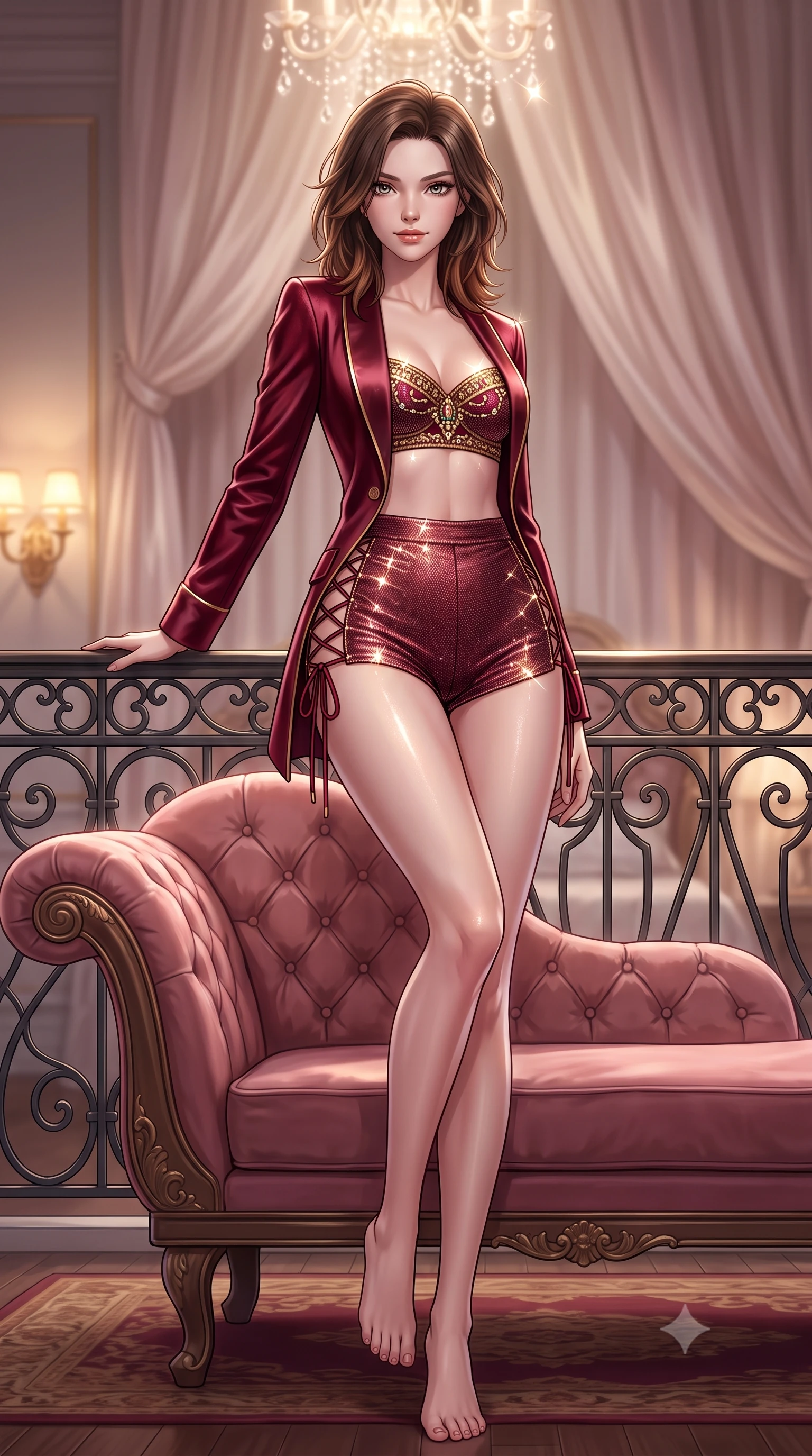 score_9, masterpiece, best quality, ultra-detailed, high-budget anime keyframe, semi-realistic 3D game render, editorial fashion photography, tasteful artistic composition, Korean woman. low angle full-body shot from head to toe showing her feet, filling the entire 9:16 vertical frame with her statuesque presence, stretching her vertical silhouette. leaning deep against the balcony balustrade with hips cocked back in an unapologetically alluring high-fashion stance, casting an intoxicating glance while leaning back against the tufted dusty-rose velvet chaise with hips cocked back, looking directly into the camera with an irresistible bedroom-gaze. The background shows a soft-focus silk canopy drapes softened in haute private boudoir shallow focus. She has an absolutely perfect, statuesque 8.5-heads proportion, an exceptionally tall and slender model-like female figure with impossibly long slender legs, an ultra-slim waist, a flat toned midriff, narrow delicate ribcage, and beautifully sculpted feminine hips creating a graceful, slim hourglass silhouette without any bulky heaviness. sharp v-shaped jawline, high-bridge nose, sparkling eyes with hypnotic seductive depth, thick curled eyelashes, glossy parted lips with a natural dewy peach sheen, alluring bedroom-eyes with an enchanting coquettish smile, exuding magnetic siren charisma and sophisticated glamour, flawlessly proportioned anatomical accuracy, strict slender model proportions, natural body alignment, perfectly sculpted long slender limbs, ultra-slim waistline, clean dynamic posture without body distortion. wearing a tailored open-front satin smoking jacket worn over a jewel-embellished bandeau and micro-shorts in Belle Époque bordeaux and gilded 24k gold, woven from stretch metallic lurex jersey casting radiant starlight glints across her silhouette, featuring fine criss-cross lace-up side ties revealing tantalizing glimpses of her hip curve, the glove-like clinging cut tightly following the natural contour of her hips and long slender legs with youthful 8.5-heads elegance. bathed in intimate warm 2700K vanity sconce lighting combined with overhead chandelier sparkle creating multi-angle highlights. highly saturated vibrant anime colors, detailed shading with soft gradients, rich glossy textures, high-contrast stereoscopic depth, volumetric dynamic lighting, master piece, 9:16 ratio