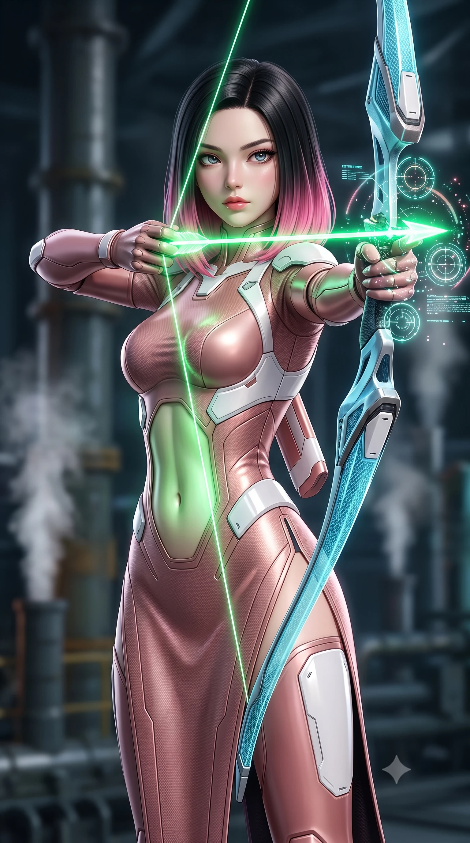 score_9, masterpiece, best quality, ultra-detailed, high-budget anime keyframe, semi-realistic 3D game render, editorial fashion photography, tasteful artistic composition, Korean woman. close-up cowboy shot from the waist and thighs up, the character dominates the composition, filling the frame with her large presence. extending one arm gracefully as glowing holographic targeting reticles and data streams orbit her fingertips with sovereign power while pivoting dynamically as a pure photon arrow forms in her fingers, casting radiant green light across her sculpted flat midriff. The composition keeps background elements in soft focus with creamy bokeh. industrial reactor support pillars and steam condensation vents softened in dreamy atmospheric depth. She has an exceptionally elegant, slender, and willowy female figure with an ultra-slim waist, a gracefully sculpted slender torso, toned flat midriff, and a refined slim silhouette. sharp v-shaped jawline, high-bridge nose, intricate jewel-like eyes with depth, thick eyelashes, glossy lips with a natural sheen, flawlessly proportioned anatomical accuracy, strict slender model proportions, natural body alignment, perfectly sculpted long slender limbs, ultra-slim waistline, clean dynamic posture without body distortion. wearing a form-fitting luminous rose-gold carbon combat gown with tactical side slits, wielding a floating magnetic energy bow with celestial poise in glacial ice-cyan carbon mesh with pure white armor plates, made of lightweight aerodynamic carbon-titanium alloy with polished edge bevels, finished with high-mobility articulation joints and miniature magnetic armor locks, the glove-like aerodynamic second-skin fit tightly clinging to her ultra-slender waist and athletic curves without adding bulk, accentuating her razor-sharp statuesque lines and slim hourglass silhouette. surrounded by a sacred, mystical, and breathtakingly powerful high-tech archer goddess atmosphere. rich saturated anime colors with glowing neon highlights, detailed shading with soft gradients, rich glossy textures, high-contrast stereoscopic depth, volumetric dynamic lighting, master piece, 9:16 ratio