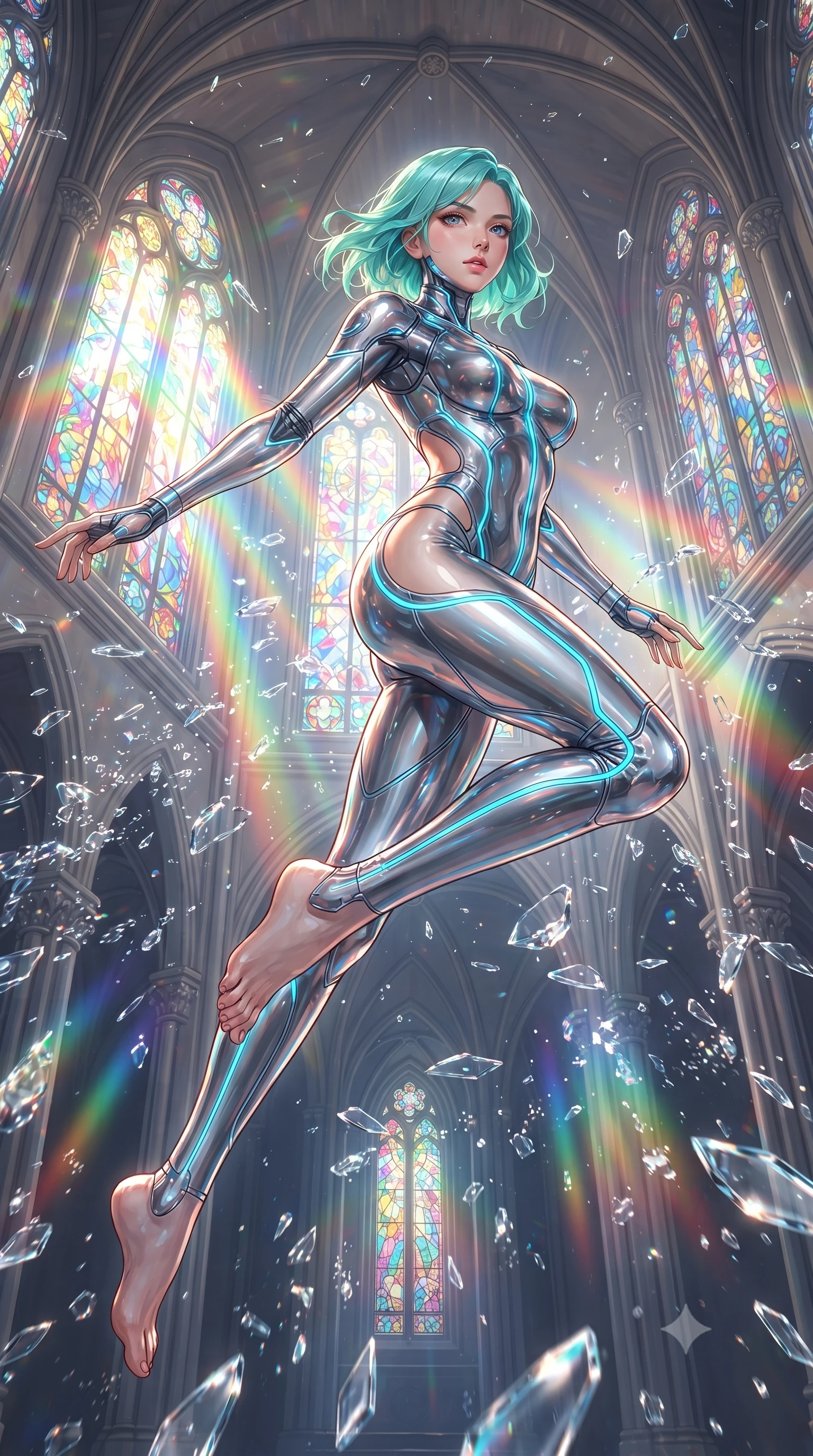 score_9, masterpiece, best quality, ultra-detailed, high-budget anime keyframe, editorial fashion photography, tasteful artistic composition, Japanese woman. low angle full-body shot from head to toe showing her feet, filling the entire 9:16 vertical frame with her statuesque presence, stretching her vertical silhouette. navigating the luminous space with effortless poise, displaying her perfect model proportions leaping through shattered liquid glass fragments in a illuminated cathedral, majestic vaulted ceilings rising high into a luminous atmosphere. She has an absolutely perfect, statuesque 8.5-heads proportion, an exceptionally tall and slender model-like female figure with impossibly long slender legs and an ultra-slim waist. sharp v-shaped jawline, high-bridge nose, intricate jewel-like eyes with depth, thick eyelashes, glossy lips with a natural sheen. wearing a skin-tight cybernetic bodysuit with glowing neon seams and suggestive side cutouts, the glove-like fit emphasizing her statuesque silhouette. bathed in cascading rainbow prismatic light refracting through stained glass. ultra-reflective glossy finish, specular highlights, metallic sheen, high-contrast stereoscopic depth, volumetric dynamic lighting, 2k, ultra detail, master piece, 9:16 ratio