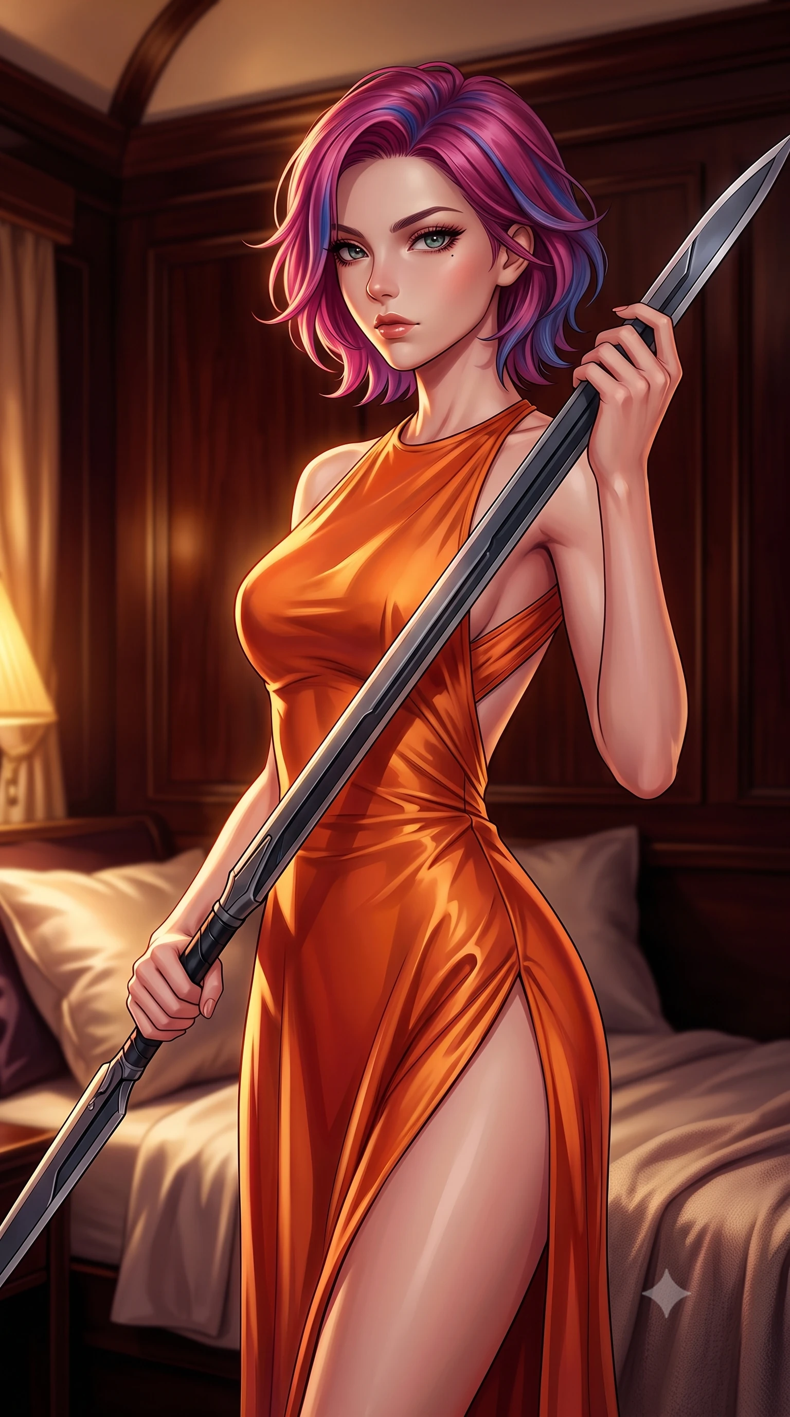 score_9, masterpiece, best quality, ultra-detailed, high-budget anime keyframe, editorial fashion photography, tasteful artistic composition, Caucasian woman. close-up cowboy shot from the waist and thighs up, the character dominates the composition, filling the frame with her large presence, background elements kept in soft focus. holding a deactivated nanotech glaive, looking past the camera with quiet, sharp focus and a composed expression, the background shows a soft-focus a luxury train sleeper cabin with dark mahogany panels and silk pillows. She has an exceptionally elegant, slender, and willowy female figure with an ultra-slim waist, a gracefully sculpted slender torso, and a refined silhouette. sharp v-shaped jawline, high-bridge nose, intricate jewel-like eyes with depth, thick eyelashes, glossy lips with a natural sheen. wearing a tailored high-slit space combat gown in sunset orange chiffon, featuring a daring thigh-slit and an open-back design. warm golden lamplight casting cozy, intimate shadows on her outfit. highly saturated vibrant anime colors, detailed shading with soft gradients, rich glossy textures, high-contrast stereoscopic depth, volumetric dynamic lighting, master piece, 9:16 ratio
