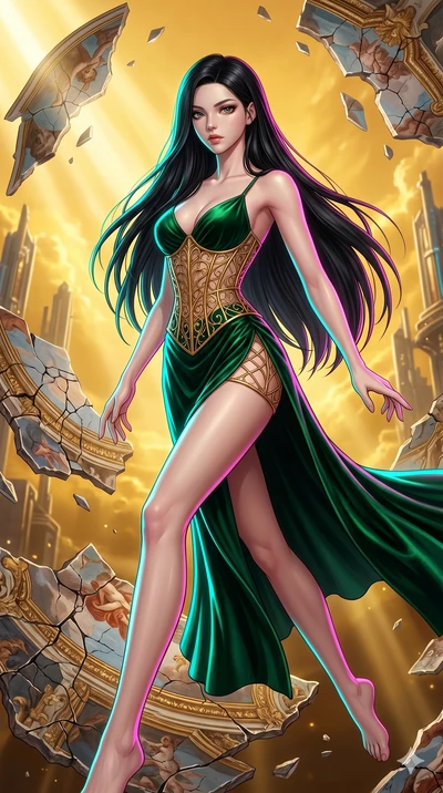 score_9, masterpiece, best quality, ultra-detailed, high-budget anime keyframe, Japanese woman. upper body close-up from the thighs up, character filling the screen for maximum presence. propelling herself off digital baroque ceiling fresco shards th
