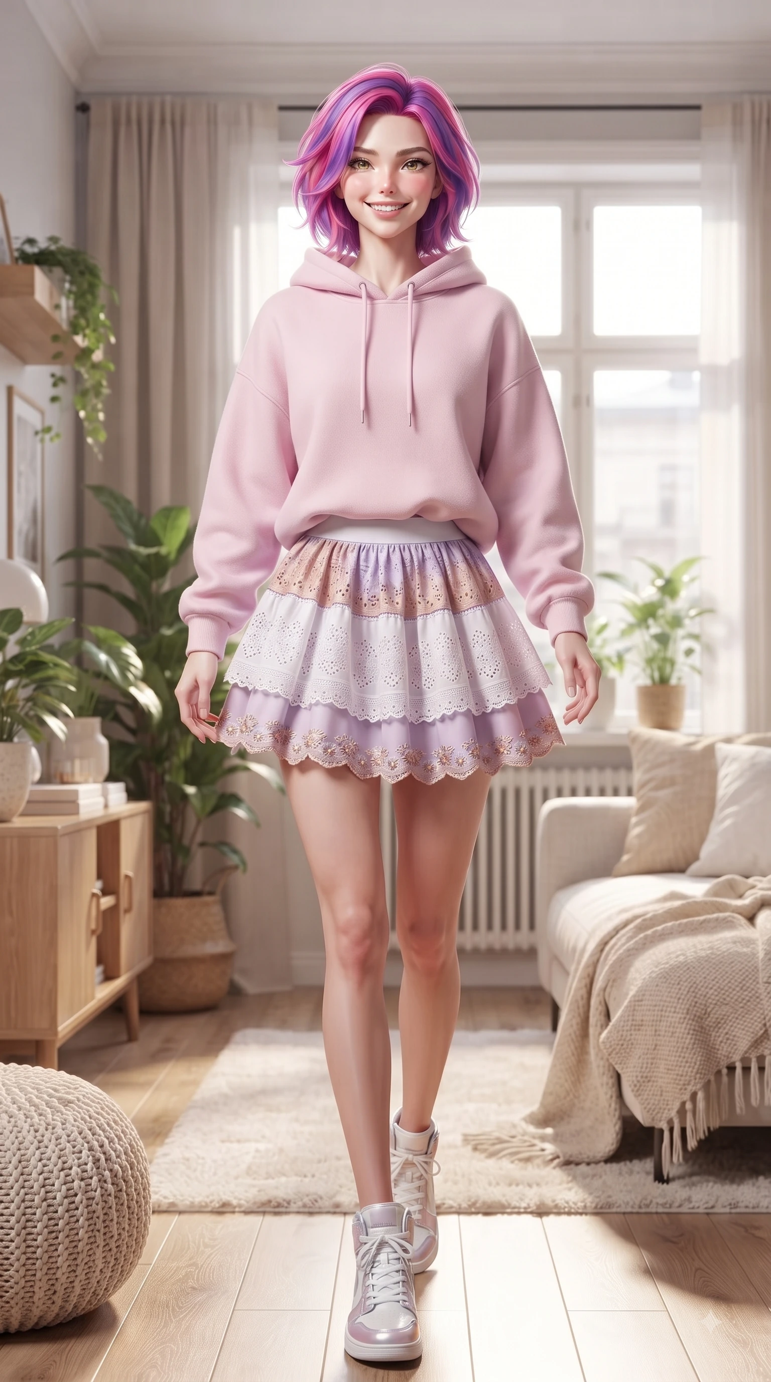 score_9, masterpiece, best quality, ultra-detailed, high-budget anime keyframe, editorial fashion photography, tasteful artistic composition, Caucasian woman. low angle full-body shot from head to toe showing her feet, filling the entire 9:16 vertical frame with her statuesque presence, stretching her vertical silhouette. walking forward in a proud dynamic stride with a cheerful beaming smile, her vertical silhouette filling the frame while lounging comfortably on a soft cream sofa in a sunlit living room filled with indoor green plants. The surrounding environment is rendered in vivid detail and crisp panoramic clarity. stylish Scandinavian interior decor, sunlit window greenery, and elegant wooden furnishings in sharp resolution. She has an absolutely perfect, statuesque 8.5-heads proportion, an exceptionally tall and slender model-like female figure with impossibly long slender legs and an ultra-slim waist. sharp v-shaped jawline, high-bridge nose, intricate jewel-like eyes with depth, thick eyelashes, glossy lips with a natural sheen, flawlessly proportioned anatomical accuracy, natural body alignment, perfectly sculpted elegant limbs, clean dynamic posture without body distortion. wearing a cozy pastel-pink hoodie sweater paired with a white tennis skirt in pastel lilac and soft rose gold, woven with delicate eyelet lace and soft cotton, complemented by delicate embroidered floral trim along the hem, the relaxed yet flattering fit accentuating her naturally graceful and slender figure. surrounded by a peaceful, intimate, and relaxing home atmosphere. ultra-reflective glossy finish, specular highlights, metallic sheen, high-contrast stereoscopic depth, volumetric dynamic lighting, 2k, ultra detail, master piece, 9:16 ratio