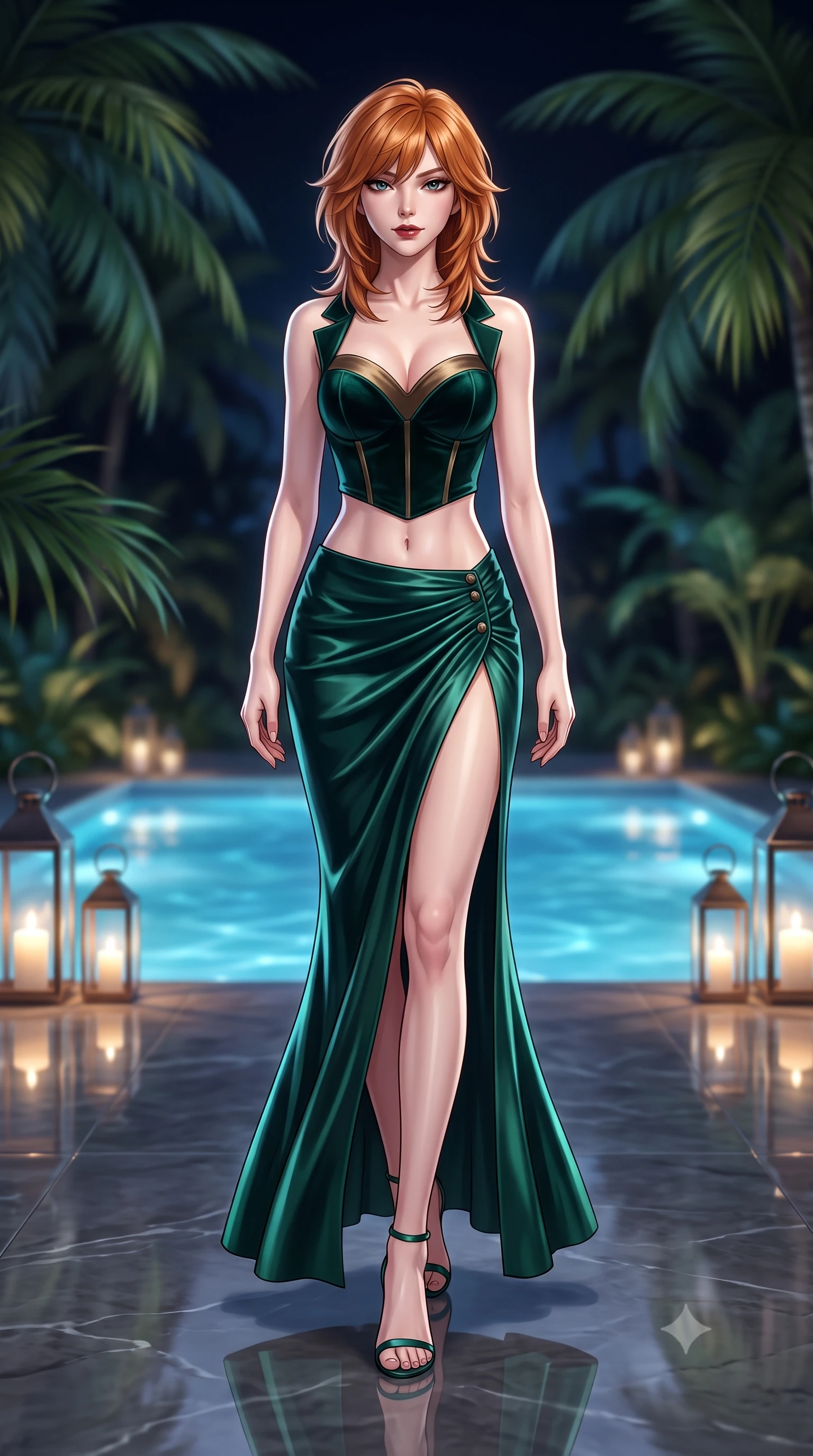 score_9, masterpiece, best quality, ultra-detailed, high-budget anime keyframe, semi-realistic 3D game render, editorial fashion photography, tasteful artistic composition, Korean woman. low angle full-body shot from head to toe showing her feet, filling the entire 9:16 vertical frame with her statuesque presence, stretching her vertical silhouette. striding forward gracefully across the reflective floor with sovereign supermodel poise, hips swaying in an alluring kinetic rhythm that accentuates her curvy hourglass silhouette and long slender legs while twisting her slender torso in an alluring contrapposto stance, midnight tropical breezes sculpting her fluid gown against her waist and curvy hips. The composition keeps background elements in soft focus with dreamy creamy bokeh. swaying midnight palm fronds and glowing glass deck lanterns softened in tropical high-altitude shallow focus. She has an exceptionally tall and slender model-like 8.5-heads proportion, an ultra-slim waist, a flat toned midriff, narrow delicate ribcage, and beautifully sculpted feminine hips creating a graceful, slim hourglass silhouette without any bulky heaviness, with impossibly long slender legs. sharp v-shaped jawline, high-bridge nose, intricate jewel-like dark sparkling eyes with dangerous depth, thick curled eyelashes, glossy parted lips with a rich wine sheen, smoldering seductive half-smile with bedroom-eyes, exuding effortless superiority and intoxicating dark allure, flawlessly proportioned anatomical accuracy, strict slender model proportions, natural body alignment, perfectly sculpted long slender limbs, ultra-slim waistline, clean dynamic posture without body distortion. wearing a sweetheart-neckline velvet bustier paired with a curve-hugging high-slit mermaid maxi skirt in dark emerald green and brushed antique bronze, crafted from heavy fluid silk satin with a liquid mirror-like drape, finished with sharp tailored peak lapels and subtle horn button accents, the precision-cut side openings and low-back scoop framing her graceful spine and the sensual sweep of her slim, toned hips. illuminated by underwater pool LED downlights and crisp silver rim lighting sharply sculpting her razor-sharp jawline, narrow waist, and curvy hips. highly saturated vibrant anime colors, detailed shading with soft gradients, rich glossy textures, high-contrast stereoscopic depth, volumetric dynamic lighting, master piece, 9:16 ratio