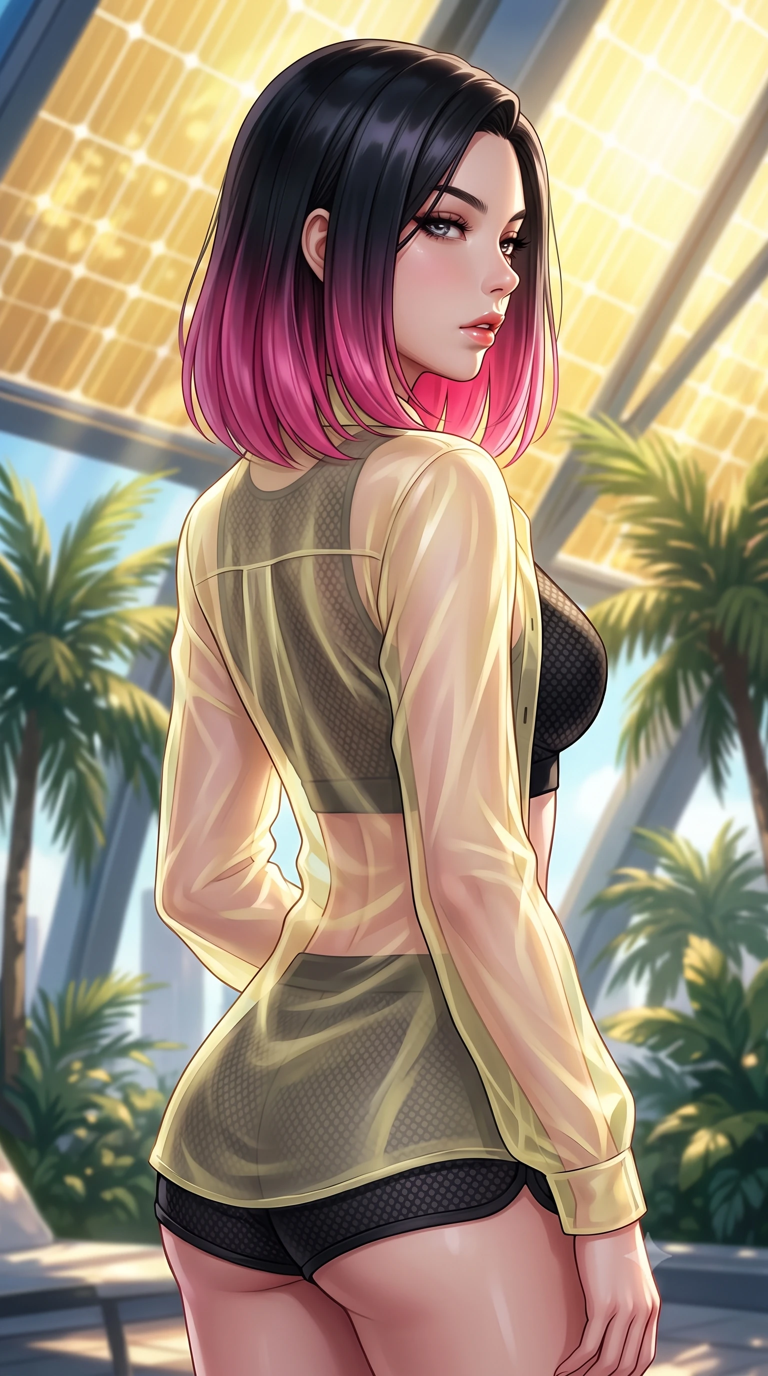 score_9, masterpiece, best quality, ultra-detailed, high-budget anime keyframe, editorial fashion photography, tasteful artistic composition, Korean woman. close-up cowboy shot from the waist and thighs up, the character dominates the composition, filling the frame with her large presence, background elements kept in soft focus. turning her face in profile to look over her shoulder, casting a smoldering side gaze with lips slightly parted, the background shows a soft-focus a high-altitude solarium deck under giant golden solar energy panels. She has an exceptionally elegant, slender, and willowy female figure with an ultra-slim waist, a gracefully sculpted slender torso, and a refined silhouette. sharp v-shaped jawline, high-bridge nose, intricate jewel-like eyes with depth, thick eyelashes, glossy lips with a natural sheen. wearing a body-hugging sheer organza combat shirt in pale yellow, worn open over a carbon-mesh crop top and micro-shorts. dappled sunlight filtering through gold conservatory glass onto tropical palms. highly saturated vibrant anime colors, detailed shading with soft gradients, rich glossy textures, high-contrast stereoscopic depth, volumetric dynamic lighting, master piece, 9:16 ratio