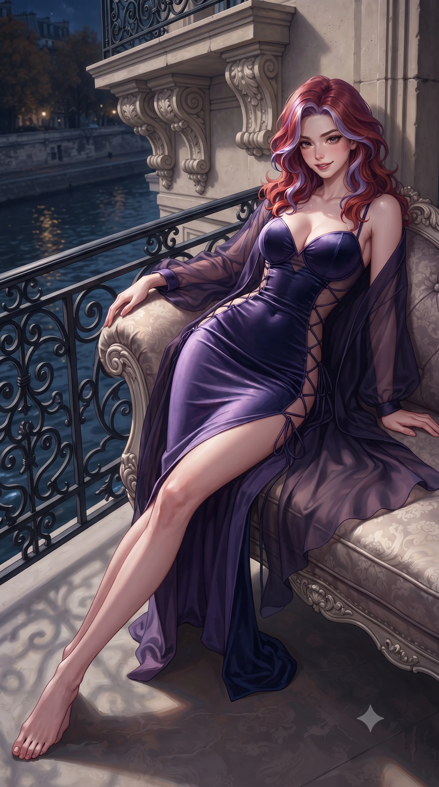 score_9, masterpiece, best quality, ultra-detailed, high-budget anime keyframe, editorial fashion photography, tasteful artistic composition, Caucasian woman. low angle full-body shot from head to toe showing her feet, filling the entire 9:16 vertical frame with her statuesque presence, stretching her vertical silhouette. reclining gracefully across the plush chaise lounge with one leg extended, her sculpted silhouette and flat midriff radiating magnetic nocturnal glamour while twisting her slender torso in an alluring contrapposto stance, autumn midnight breezes fluttering her sheer silk robe around her curvy hips. The surrounding environment is rendered in vivid detail and crisp panoramic clarity: sharp wrought-iron filigree scrollwork, carved limestone balcony corbels, and water wake ripple clarity in deep focus. She has an absolutely perfect, statuesque 8.5-heads proportion, an exceptionally tall and slender model-like female figure with impossibly long slender legs, an ultra-slim waist, a flat toned midriff, narrow delicate ribcage, and beautifully sculpted feminine hips creating a graceful, slim hourglass silhouette without any bulky heaviness. sharp v-shaped jawline, high-bridge nose, sparkling eyes with hypnotic seductive depth, thick curled eyelashes, glossy parted lips with a natural dewy peach sheen, alluring bedroom-eyes with an enchanting coquettish smile, exuding magnetic siren charisma and sophisticated glamour, flawlessly proportioned anatomical accuracy, strict slender model proportions, natural body alignment, perfectly sculpted long slender limbs, ultra-slim waistline, clean dynamic posture without body distortion. wearing a deep sweetheart-neckline velvet bodycon dress with sheer side-torso cutouts accentuating her hourglass curves in twilight lavender and midnight indigo, crafted from fluid liquid silk satin that clings smoothly to every curve with a dewy sheen, featuring fine criss-cross lace-up side ties revealing tantalizing glimpses of her hip curve, the liquid-tight tailored fabric clinging flawlessly to her narrow waist and rounded feminine hips, emphasizing every millimeter of her sculpted slim hourglass curves without any bulky heaviness. illuminated by Seine water specular bounce and sharp platinum rim lights sculpting her jawline, flat midriff, and voluptuous hip curves. ultra-reflective glossy finish, specular highlights, rich textural contrasts, high-contrast stereoscopic depth, volumetric dynamic lighting, 2k, ultra detail, master piece, 9:16 ratio