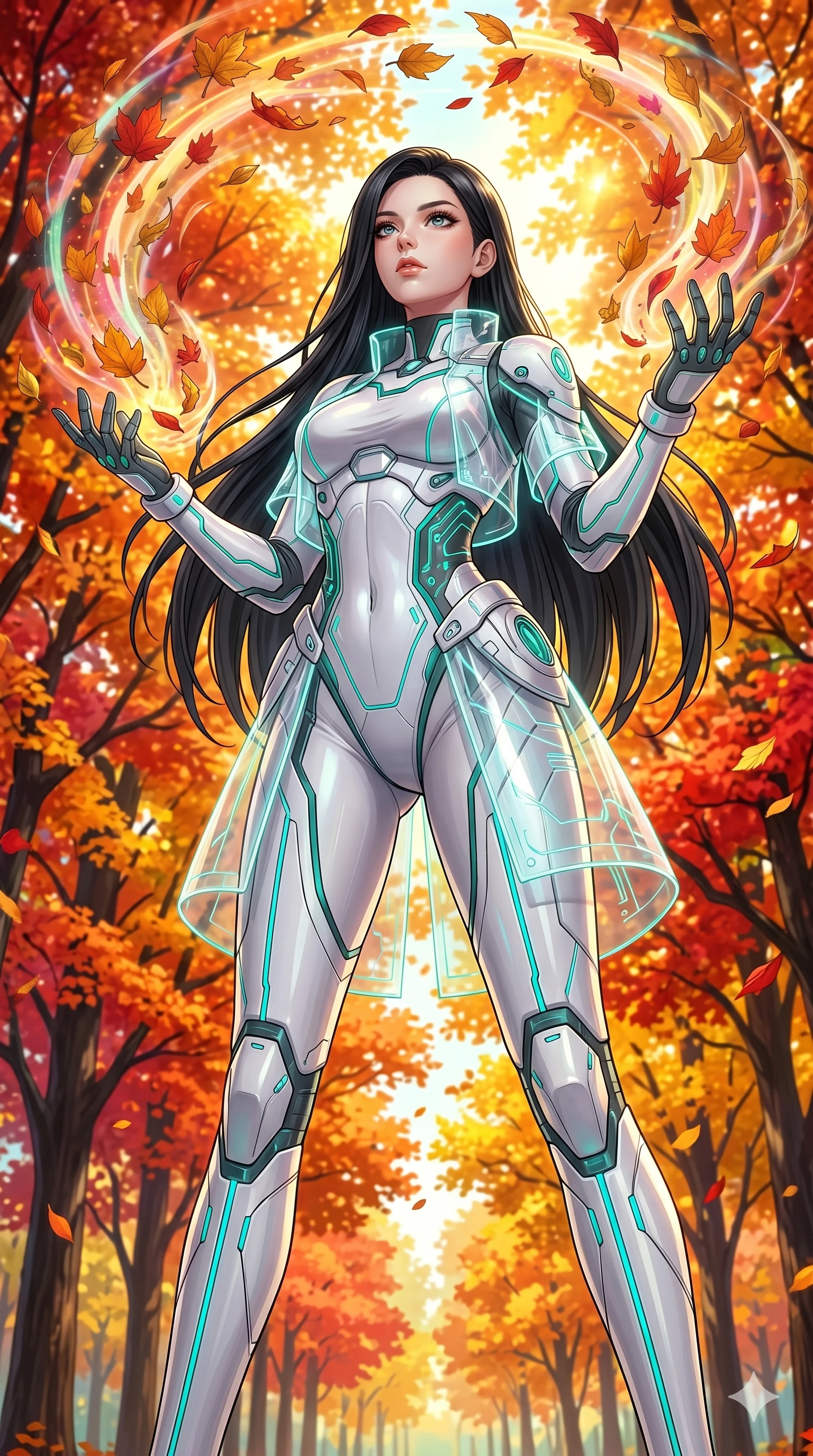 score_9, masterpiece, best quality, ultra-detailed, High-budget Anime Keyframe, beautiful Caucasian anime girl (strictly human ears). Low angle cowboy shot filling the entire 9:16 frame with her statuesque presence. Summoning a whirlwind of colorful leaves in a quiet park filled with autumn trees. She has an absolutely perfect 8-heads proportion, an exceptionally tall and slender female figure with impossibly long slender legs and an ultra-slim waist. Sharp v-shaped jawline, high-bridge nose, intricate jewel-like eyes with depth, thick eyelashes, glossy lips with a natural sheen. Wearing a Tech-Fantasy outfit: cybernetic white tech-suit with glowing teal seams and translucent PVC overlays. Background is a bright and colorful park with vibrant orange and red trees and golden sunlight. 2k, ultra detail, master piece, 9:16 ratio