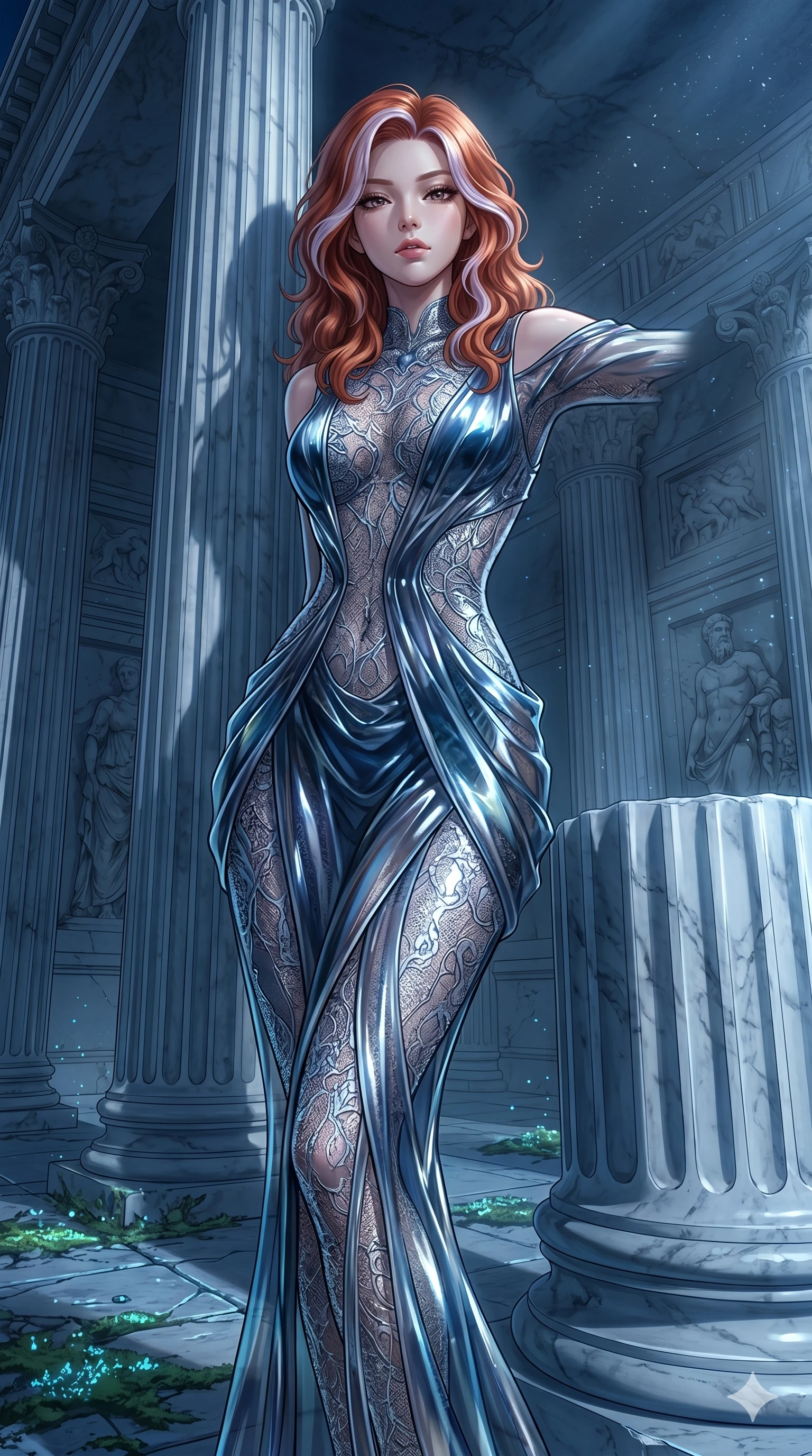 score_9, masterpiece, best quality, ultra-detailed, High-budget Anime Keyframe, East Asian woman. Low angle cowboy shot filling the entire 9:16 frame with her statuesque presence. Scenario 53: Leaning against a cold marble pillar in a moonlit greek temple. Her presence is magnetic and overpowering in this high-budget anime scene. Outfit 53: A delicate technical lace liquid with a artistic translucent overlays and wet-look texture. The clothing is designed to emphasize her exceptionally tall and slender 8-heads proportion. 8-heads proportion, towering silhouette, ultra-slim waist. sharp v-shaped jawline, intricate jewel-like eyes with depth, thick eyelashes, glossy lips. 2k, ultra detail, master piece, 9:16 ratio