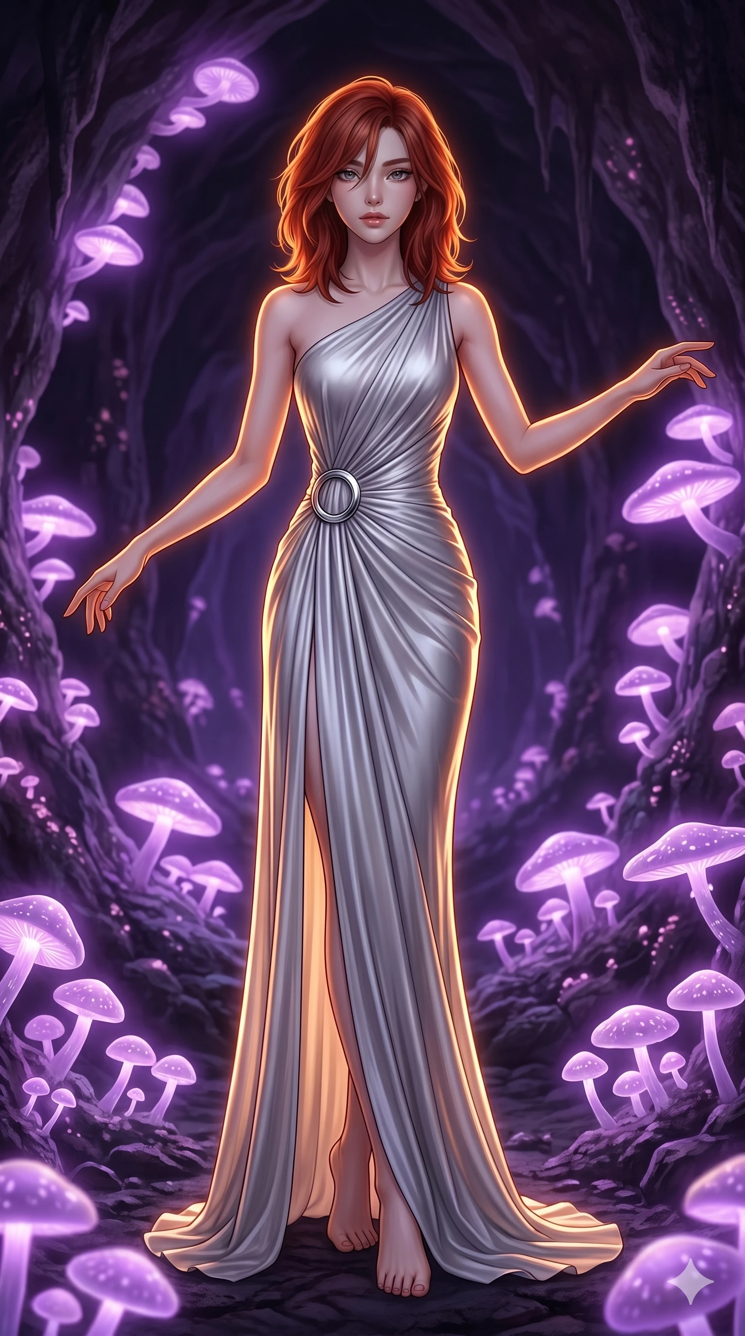 score_9, masterpiece, best quality, ultra-detailed, high-budget anime keyframe, editorial fashion photography, tasteful artistic composition, Korean woman. low angle full-body shot from head to toe showing her feet, filling the entire 9:16 vertical frame with her statuesque presence, stretching her vertical silhouette. Balancing with elegant poise on tiptoe with arms extended within an underground cavern of glowing mushrooms that cast a soft violet light. She has an absolutely perfect 8-heads proportion, an exceptionally tall and slender female figure with impossibly long slender legs and an ultra-slim waist. V-shaped jawline, high-bridge nose, intricate jewel-like eyes with depth, thick eyelashes, glossy lips with a natural sheen. wearing a draped one-shoulder gown in liquid silver chiffon that falls to the floor, held at the waist by a polished chrome ring. drenched in warm amber cinematic rim lighting that traces every contour of her silhouette against a dark background. 2k, ultra detail, master piece, 9:16 ratio
