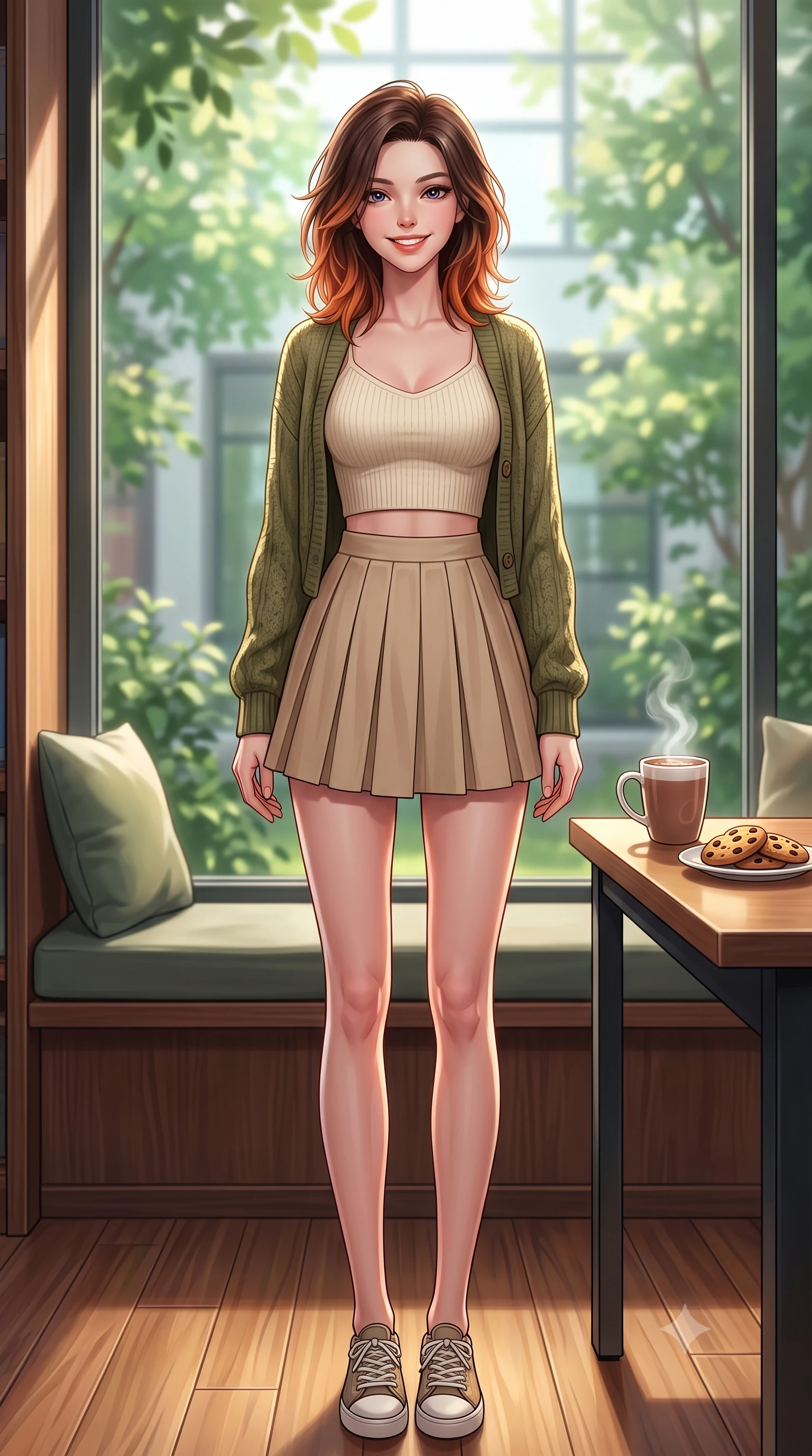 score_9, masterpiece, best quality, ultra-detailed, high-budget anime keyframe, editorial fashion photography, tasteful artistic composition, Korean woman. low angle full-body shot from head to toe showing her feet, filling the entire 9:16 vertical frame with her statuesque presence, stretching her vertical silhouette. standing with a cute, bright pose, tilting her head with a beaming smile set against a soft-focus background of sitting on a window bench of a quiet library overlooking a green courtyard with a warm mug of cocoa and a small plate of cookies on the desk. She has an absolutely perfect, statuesque 8.5-heads proportion, an exceptionally tall and slender model-like female figure with impossibly long slender legs and an ultra-slim waist. sharp v-shaped jawline, high-bridge nose, intricate jewel-like eyes with depth, thick eyelashes, glossy lips with a natural sheen. wearing body-hugging crop top under an open knit cardigan, paired with a high-waist pleated A-line skirt. soft afternoon daylight filtered through green leaves outside the window. highly saturated vibrant anime colors, detailed shading with soft gradients, rich glossy textures, high-contrast stereoscopic depth, volumetric dynamic lighting, master piece, 9:16 ratio