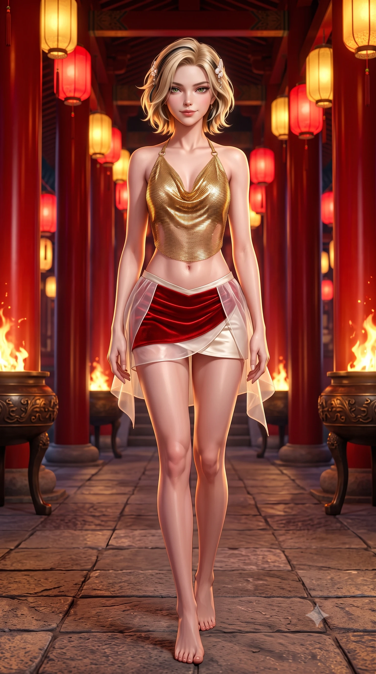 score_9, masterpiece, best quality, ultra-detailed, high-budget anime keyframe, semi-realistic 3D game render, editorial fashion photography, tasteful artistic composition, Caucasian woman. low angle full-body shot from head to toe showing her feet, filling the entire 9:16 vertical frame with her statuesque presence, stretching her vertical silhouette. stepping slowly toward the camera with hypnotic grace, hips swaying in an alluring sensual rhythm that accentuates her curvy hourglass silhouette and long slender legs while twisting her slender torso in an alluring contrapposto stance, palace festival lanterns casting vibrant crimson glow across her curves. The surrounding environment is rendered in vivid detail and crisp panoramic clarity: sharp vermilion pillar lacquer reflections, stone flagstone seams, and bronze brazier relief in deep focus. She has an absolutely perfect, statuesque 8.5-heads proportion, an exceptionally tall and slender model-like female figure with impossibly long slender legs, an ultra-slim waist, a flat toned midriff, narrow delicate ribcage, and beautifully sculpted feminine hips creating a graceful, slim hourglass silhouette without any bulky heaviness. sharp v-shaped jawline, high-bridge nose, sparkling eyes with hypnotic seductive depth, thick curled eyelashes, glossy parted lips with a natural dewy peach sheen, alluring bedroom-eyes with an enchanting coquettish smile, exuding magnetic siren charisma and sophisticated glamour, flawlessly proportioned anatomical accuracy, strict slender model proportions, natural body alignment, perfectly sculpted long slender limbs, ultra-slim waistline, clean dynamic posture without body distortion. wearing a liquid gold chainmail cowl halter top paired with an ultra-low-rise velvet mini skirt in royal vermilion crimson and pale ivory silk, made of delicate semi-sheer Korean gossamer organza with subtle pearlescent glints, finished with delicate mother-of-pearl hairpin ornaments glinting in her dark glossy hair, the second-skin tailored fabric adhering flawlessly to her sculpted flat midriff and slender torso, emphasizing her long leg lines and perfectly proportioned willowy build. illuminated by brazier firelight fill and sharp golden rim lights sculpting her jawline, flat midriff, and voluptuous hip curves. highly saturated vibrant anime colors, detailed shading with soft gradients, rich glossy textures, high-contrast stereoscopic depth, volumetric dynamic lighting, master piece, 9:16 ratio