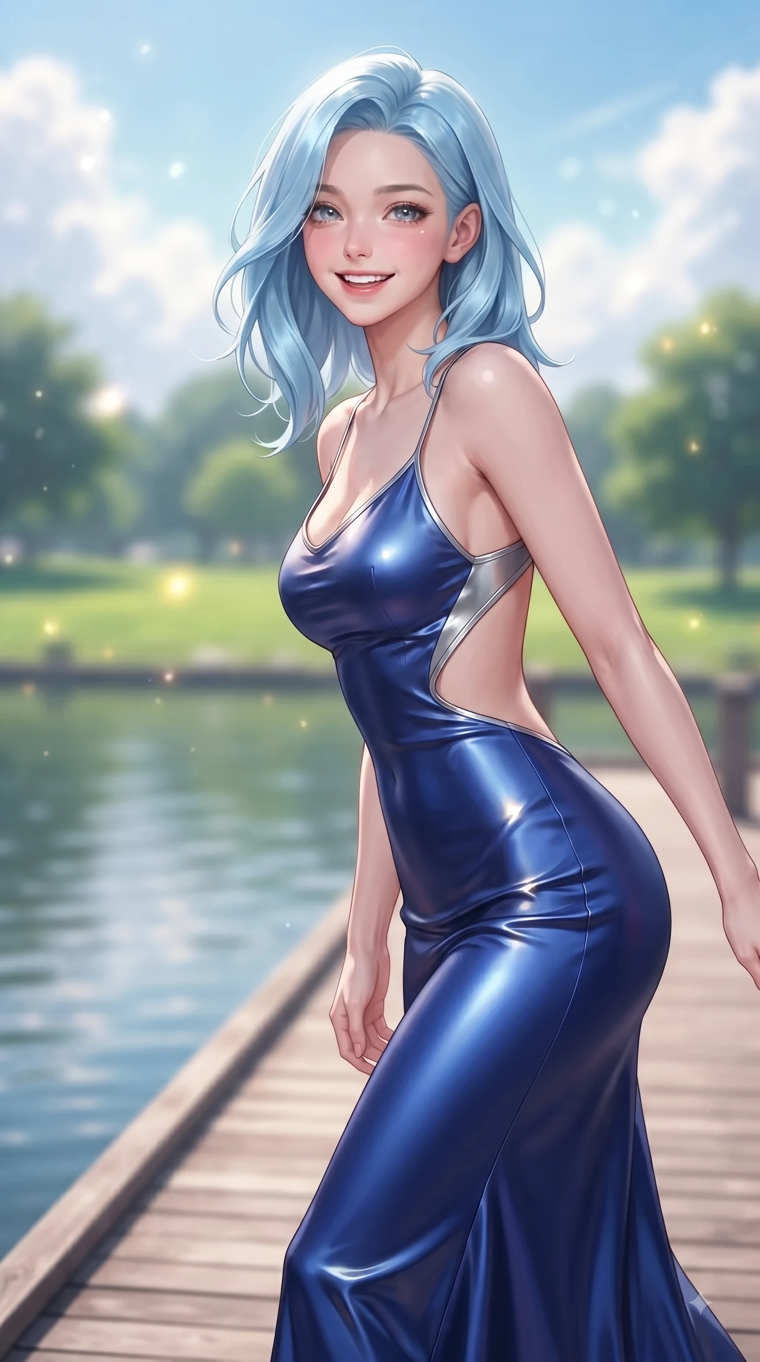 score_9, masterpiece, best quality, ultra-detailed, high-budget anime keyframe, editorial fashion photography, tasteful artistic composition, Korean woman. close-up cowboy shot from the waist and thighs up, the character dominates the composition, filling the frame with her large presence. Cheerful beaming smile with sparkling eyes and a fresh girlhood aura, leaning forward with playful grace while pivoting in a happy stride along a wooden pier overlooking calm river waters. The composition keeps background elements in soft focus with dreamy bokeh. green park lawns and glowing clouds blurred smoothly behind her elegant silhouette. She has an exceptionally elegant, slender, and willowy female figure with an ultra-slim waist, a gracefully sculpted slender torso, and a refined silhouette. sharp v-shaped jawline, high-bridge nose, intricate jewel-like eyes with depth, thick eyelashes, glossy lips with a natural sheen, flawlessly proportioned anatomical accuracy, natural body alignment, perfectly sculpted elegant limbs, clean dynamic posture without body distortion. wearing a precision-fitted liquid satin slip dress with fluid draped lines and an open back in deep royal blue and polished silver accent, made of premium stretch jersey that follows her curves like a glove, complemented by clean architectural cutouts along her slender torso, the glove-like fit emphasizing her statuesque silhouette during motion. surrounded by a serene, uplifting, and romantic park ambiance. ultra-reflective glossy finish, specular highlights, metallic sheen, high-contrast stereoscopic depth, volumetric dynamic lighting, 2k, ultra detail, master piece, 9:16 ratio