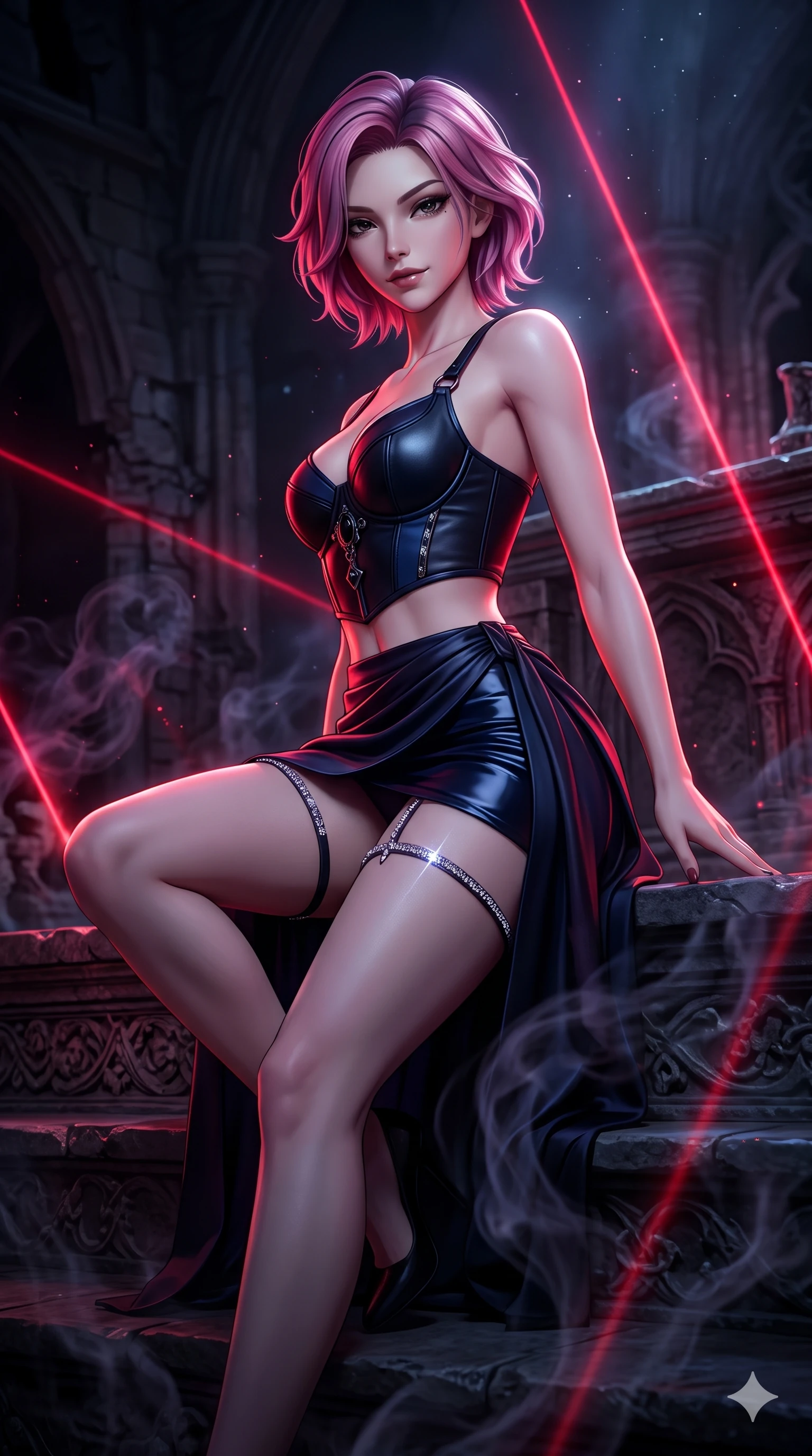 score_9, masterpiece, best quality, ultra-detailed, high-budget anime keyframe, semi-realistic 3D game render, editorial fashion photography, tasteful artistic composition, Caucasian woman. close-up cowboy shot from the waist and thighs up, the character dominates the composition, filling the frame with her large presence. twisting her slender torso in a deep contrapposto stance, hips dramatically shifted to accentuate her feminine curves while perched on the carved altar steps with one knee drawn up, arching her spine with supermodel poise as dark incense swirls around her long legs. The surrounding environment is rendered in vivid detail and crisp panoramic clarity: detailed precision-fitted liquid vinyl dress cling, onyx hardware accents, and gothic architectural lines in razor-sharp precision. She has an exceptionally elegant, slender, and willowy female figure with an ultra-slim waist, flat toned midriff, narrow ribcage, and sculpted feminine hips creating an alluring, slim hourglass silhouette without bulk. sharp v-shaped jawline, high-bridge nose, intricate jewel-like dark sparkling eyes with hypnotic seductive depth, thick curled eyelashes, glossy parted lips with a natural wine sheen, alluring bedroom-eyes with an enigmatic smoldering smile, exuding magnetic sovereign charisma and dark avant-garde glamour, flawlessly proportioned anatomical accuracy, strict slender model proportions, natural body alignment, perfectly sculpted long slender limbs, ultra-slim waistline, clean dynamic posture without body distortion. wearing a structured underwire leather bustier top paired with an ultra-short draped wrap mini skirt in midnight navy blue and smoky pitch black, tailored from soft dark satin with subtle light-absorbing depth, finished with delicate crystal-encrusted thigh garter straps glinting in the laser glare, the glove-like silhouette tightly following the natural contour of her hips and long slender legs with youthful 8.5-heads elegance. bathed in sharp crimson laser rim light piercing cold midnight shadows and incense smoke. highly saturated vibrant anime colors, detailed shading with soft gradients, rich glossy textures, high-contrast stereoscopic depth, volumetric dynamic lighting, master piece, 9:16 ratio