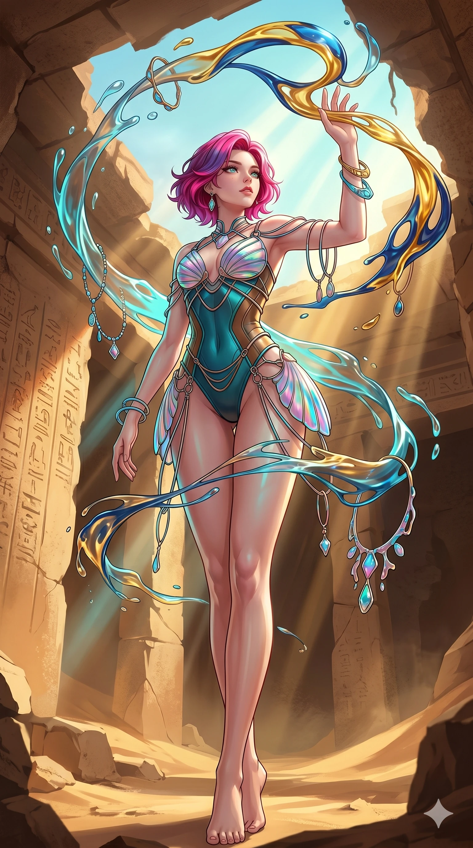 score_9, masterpiece, best quality, ultra-detailed, high-budget anime keyframe, Japanese woman. low angle full-body shot filling the entire 9:16 frame with her statuesque presence, stretching the vertical silhouette. interacting with liquid stained-glass that melts and swirls in mid-air inside a crumbling desert ruin, the fluid jewelry floating in suspension. She has an absolutely perfect 8-heads proportion, an exceptionally tall and slender female figure with impossibly long slender legs and an ultra-slim waist. V-shaped jawline, high-bridge nose, intricate jewel-like eyes with depth, thick eyelashes, glossy lips with a natural sheen.. wearing a holographic ribbon shell armor, featuring thin iridescent plates linked by wire straps over a sleek structured base layer. showcasing a beautiful play of light and shadow, with warm golden rays clashing against cool cyan highlights. 2k, ultra detail, master piece, 9:16 ratio
