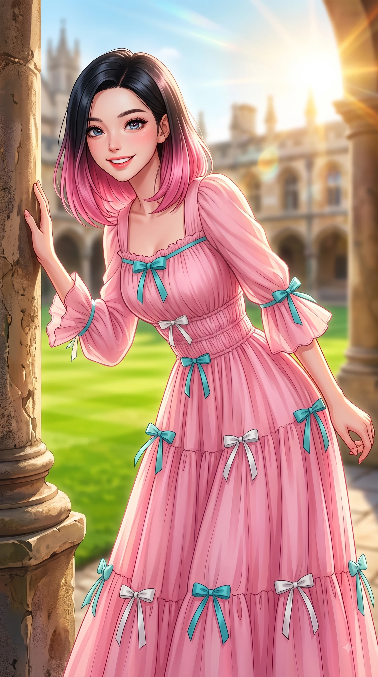 score_9, masterpiece, best quality, ultra-detailed, high-budget anime keyframe, editorial fashion photography, tasteful artistic composition, Korean woman. close-up cowboy shot from the waist and thighs up, the character dominates the composition, filling the frame with her large presence. Cheerful beaming smile with sparkling eyes and a fresh girlhood aura, leaning forward with playful grace while leaning against an antique stone column in a sun-drenched university quadrangle with a sweet grin. The composition keeps background elements in soft focus with dreamy bokeh. lush green quad lawns and historical college buildings blurred in dreamy shallow focus. She has an exceptionally elegant, slender, and willowy female figure with an ultra-slim waist, a gracefully sculpted slender torso, and a refined silhouette. sharp v-shaped jawline, high-bridge nose, intricate jewel-like eyes with depth, thick eyelashes, glossy lips with a natural sheen, flawlessly proportioned anatomical accuracy, natural body alignment, perfectly sculpted elegant limbs, clean dynamic posture without body distortion. wearing a romantic pink tiered chiffon maxi dress decorated with delicate bow ribbons in ocean turquoise and sea-salt white, crafted from soft breathable linen, accented with soft smocked details and fluttery cuffs, the chic real-way fashion cut emphasizing her effortless charm. illuminated by warm golden sunbursts and bright clear sky refractions. highly saturated vibrant anime colors, detailed shading with soft gradients, rich glossy textures, high-contrast stereoscopic depth, volumetric dynamic lighting, master piece, 9:16 ratio