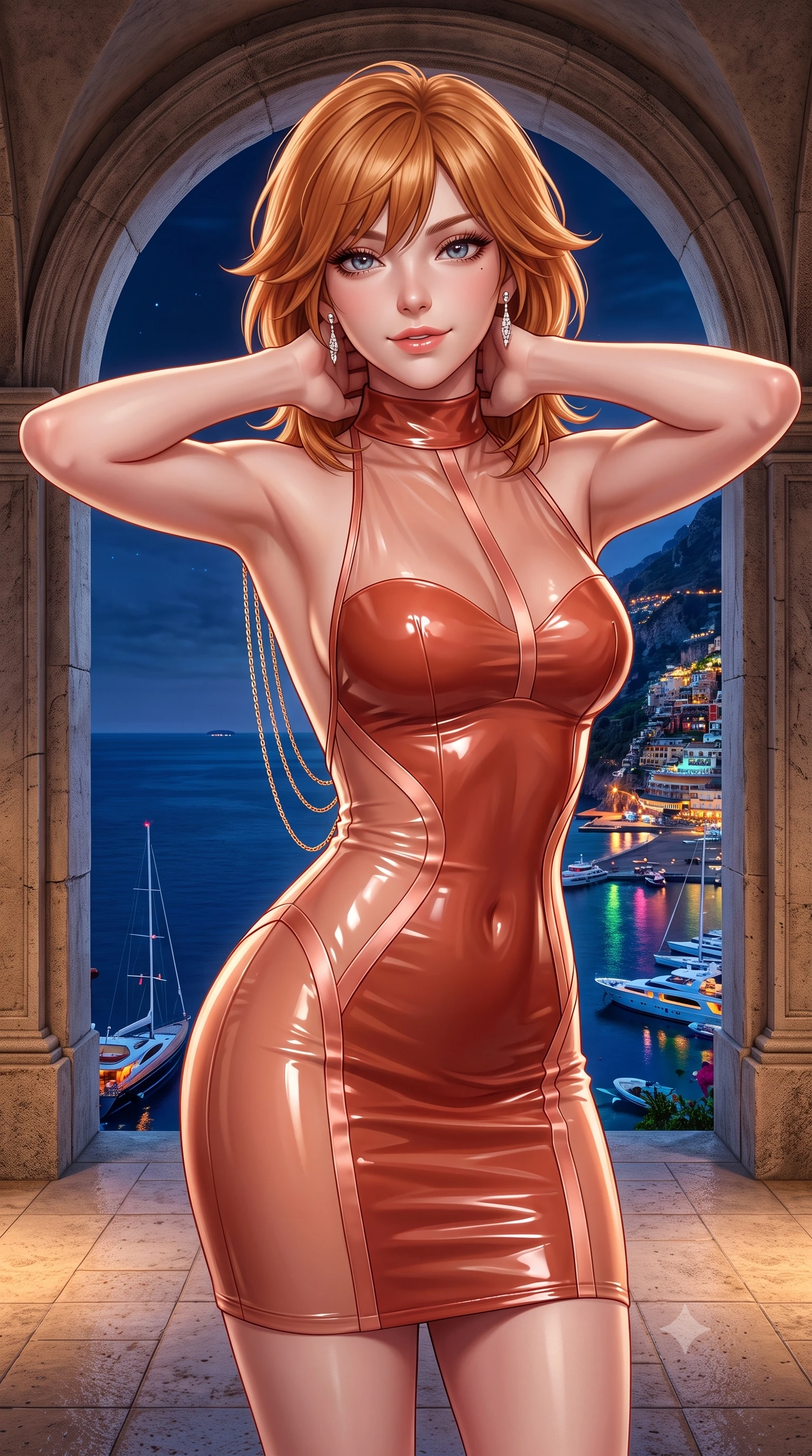 score_9, masterpiece, best quality, ultra-detailed, high-budget anime keyframe, semi-realistic 3D game render, editorial fashion photography, tasteful artistic composition, Korean woman. close-up cowboy shot from the waist and thighs up, the character dominates the composition, filling the frame with her large presence. resting both hands lightly behind her neck with elbows raised, arching her spine to highlight her narrow waist, flat midriff, and breathtaking collarbones while standing framed inside the classical stone loggia overlooking the dark Mediterranean, arching her spine with intoxicating siren grace. The surrounding environment is rendered in vivid detail and crisp panoramic clarity: detailed form-contouring velvet bodycon dress cling, diamond drop earrings sparkle, and Riviera landscape architecture in high resolution. She has an exceptionally elegant, slender, and willowy female figure with an ultra-slim waist, flat toned midriff, narrow ribcage, and sculpted feminine hips creating an alluring, slim hourglass silhouette without bulk. sharp v-shaped jawline, high-bridge nose, sparkling eyes with hypnotic seductive depth, thick curled eyelashes, glossy parted lips with a natural dewy peach sheen, alluring bedroom-eyes with an enchanting coquettish smile, exuding magnetic siren charisma and sophisticated glamour, flawlessly proportioned anatomical accuracy, strict slender model proportions, natural body alignment, perfectly sculpted long slender limbs, ultra-slim waistline, clean dynamic posture without body distortion. wearing a provocative high-neck sheer illusion cocktail dress with liquid satin ribbons contouring her curves in Positano terracotta and blush peach, crafted from wet-look high-gloss vinyl fabric with dazzling specular surface reflections, accented with an open-back drape framed by falling strands of delicate gold chains, the liquid-tight tailored fabric clinging flawlessly to her narrow waist and rounded feminine hips, emphasizing every millimeter of her sculpted slim hourglass curves without any bulky heaviness. bathed in warm garden landscape uplighting mixed with dynamic multi-color reflections from harbor yachts. highly saturated vibrant anime colors, detailed shading with soft gradients, rich glossy textures, high-contrast stereoscopic depth, volumetric dynamic lighting, master piece, 9:16 ratio
