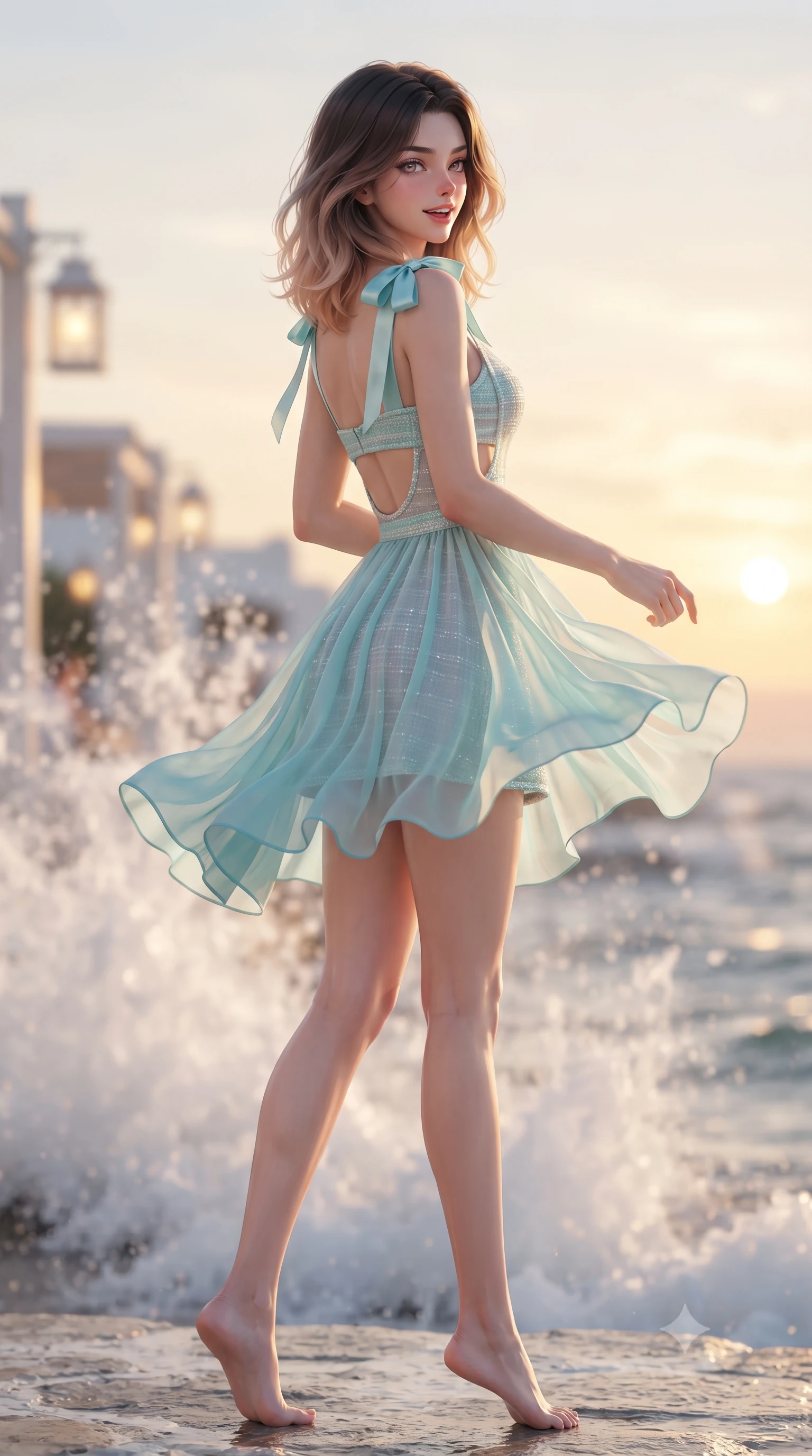 score_9, masterpiece, best quality, ultra-detailed, high-budget anime keyframe, editorial fashion photography, tasteful artistic composition, Korean woman. low angle full-body shot from head to toe showing her feet, filling the entire 9:16 vertical frame with her statuesque presence, stretching her vertical silhouette. executing a cheerful mid-motion pivot turn as her skirt flutters around her slender legs, glancing over her shoulder with an intoxicating, teasing cute expression while turning in an alluring dancer S-curve as the Cycladic evening wind flutters her dress, gazing toward the golden Aegean horizon with parted glossy lips. The composition keeps background elements in soft focus with dreamy creamy bokeh. crashing white sea spray and seaside taverna lanterns softened in romantic Greek island shallow focus. She has an exceptionally tall and slender model-like 8.5-heads proportion, an ultra-slim waist, a flat toned midriff, narrow delicate ribcage, and beautifully sculpted feminine hips creating a graceful, slim hourglass silhouette without any bulky heaviness, with impossibly long slender legs. sharp v-shaped jawline, high-bridge nose, intricate jewel-like sparkling eyes with depth, thick eyelashes, glossy parted lips with a natural peach sheen, bright cheerful beaming smile with an enchanting and coquettish sensual glint, exuding both youthful cute charm and seductive allure, flawlessly proportioned anatomical accuracy, strict slender model proportions, natural body alignment, perfectly sculpted long slender limbs, ultra-slim waistline, clean dynamic posture without body distortion. wearing a delicate semi-sheer chiffon sun-slip dress layered over a matching pastel bralette, hugging her slender waist and hips in ocean turquoise and sea-salt white, tailored from soft pastel tweed with subtle metallic shimmer, finished with cute satin bow ribbons tying at the shoulders, the precision-cut side openings and low-back scoop framing her graceful spine and the sensual sweep of her slim, toned hips. illuminated by intense specular sea wave reflections sharply sculpting her razor-sharp jawline, narrow waist, and curvy hips. ultra-reflective glossy finish, specular highlights, rich textural contrasts, high-contrast stereoscopic depth, volumetric dynamic lighting, 2k, ultra detail, master piece, 9:16 ratio
