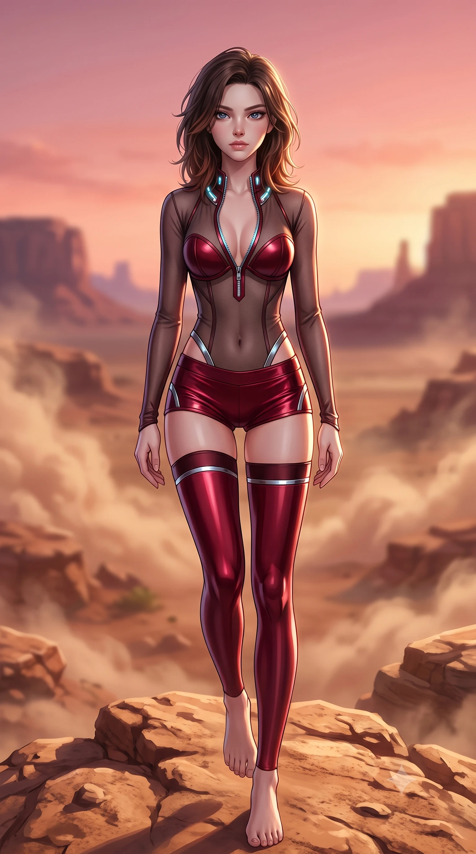 score_9, masterpiece, best quality, ultra-detailed, high-budget anime keyframe, semi-realistic 3D game render, editorial fashion photography, tasteful artistic composition, Korean woman. low angle full-body shot from head to toe showing her feet, filling the entire 9:16 vertical frame with her statuesque presence, stretching her vertical silhouette. performing an alluring mid-air vault with flawless poise, looking directly into the camera with smoldering intensity while pivoting dynamically on sun-baked desert rock overlooking a vast alien cyber-wasteland at sunset. The composition keeps background elements in soft focus with creamy bokeh. swirling desert dust clouds and distant alien mesas softened by shallow atmospheric focus. She has an absolutely perfect, statuesque 8.5-heads proportion, an exceptionally tall and slender model-like female figure with impossibly long slender legs and an ultra-slim waist. sharp v-shaped jawline, high-bridge nose, intricate jewel-like eyes with depth, thick eyelashes, glossy lips with a natural sheen, flawlessly proportioned anatomical accuracy, natural body alignment, perfectly sculpted elegant limbs, clean dynamic posture without body distortion. wearing a delicate see-through dark mesh top with structured cup boning, paired with high-cut micro-shorts and thigh-high stockings in deep ruby red and polished chrome accents, made of liquid metal jersey that clings flawlessly to every contour of her build, featuring a dangerously unzipped neckline framed by glowing cybernetic accents, the sleek aerodynamic cut emphasizing her magnetic presence and alluring physical grace. illuminated by deep rose-gold horizon glow with crisp specular rim lights outlining her torso. highly saturated vibrant anime colors, detailed shading with soft gradients, rich glossy textures, high-contrast stereoscopic depth, volumetric dynamic lighting, master piece, 9:16 ratio