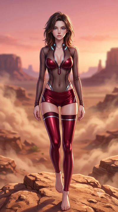 score_9, masterpiece, best quality, ultra-detailed, high-budget anime keyframe, semi-realistic 3D game render, editorial fashion photography, tasteful artistic composition, Korean woman. low angle full-body shot from head to toe showing her feet, fil