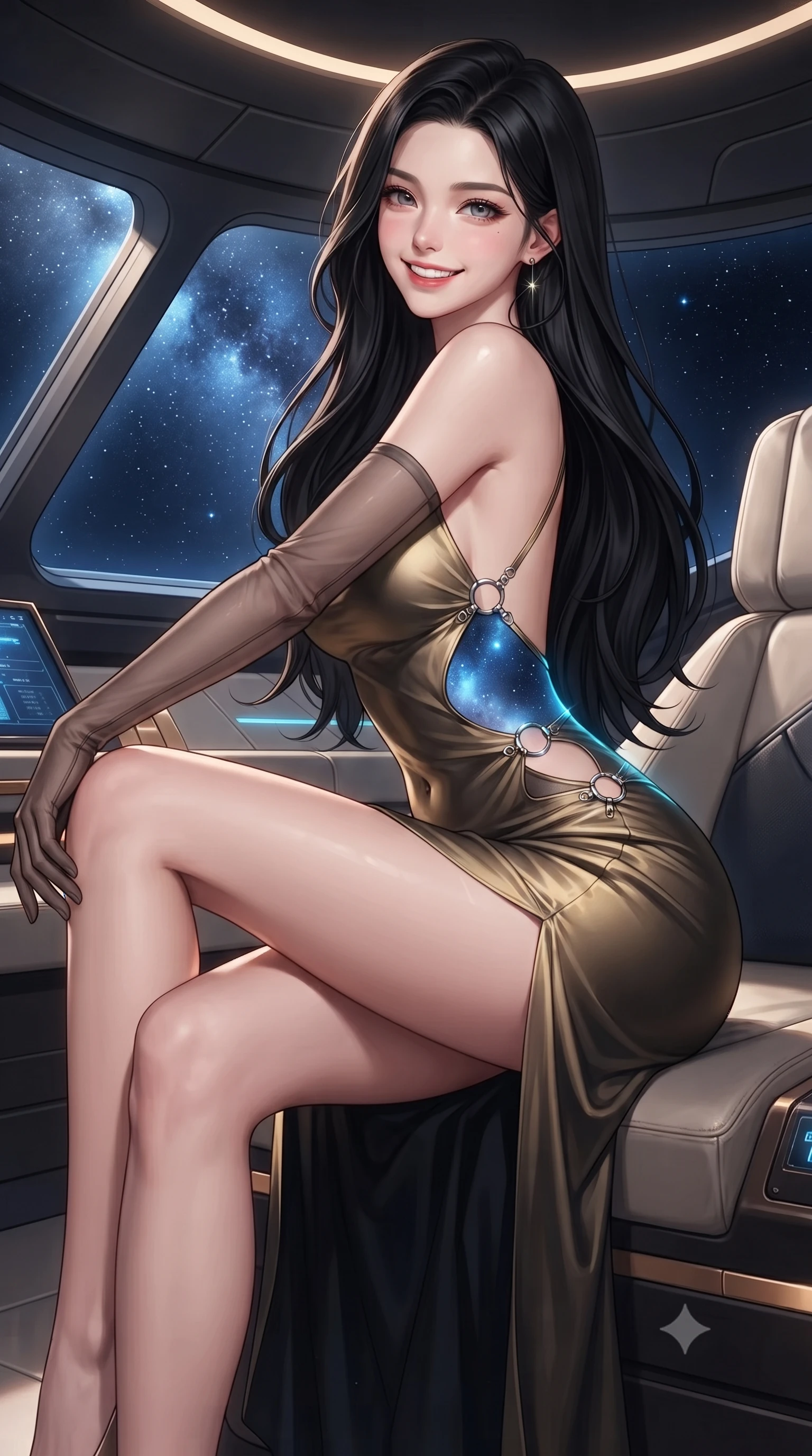 score_9, masterpiece, best quality, ultra-detailed, high-budget anime keyframe, editorial fashion photography, tasteful artistic composition, Korean woman. close-up cowboy shot from the waist and thighs up, the character dominates the composition, filling the frame with her large presence. perched sideways on the lounge seat, one knee drawn up to showcase her slender leg line while her arched back accentuates her feminine hip curve while twisting her slender torso in an alluring contrapposto stance, deep sapphire ion glows and starry space casting celestial reflections across her narrow waist and hips. The surrounding environment is rendered in vivid detail and crisp panoramic clarity: detailed bespoke fashion tailoring, liquid silk drape, and world-class interstellar yacht architecture in razor-sharp precision. She has an exceptionally elegant, slender, and willowy female figure with an ultra-slim waist, flat toned midriff, narrow ribcage, and sculpted feminine hips creating an alluring, slim hourglass silhouette without bulk. sharp v-shaped jawline, high-bridge nose, intricate jewel-like sparkling eyes with depth, thick eyelashes, glossy parted lips with a natural peach sheen, bright cheerful beaming smile with an enchanting and coquettish sensual glint, exuding both youthful cute charm and seductive allure, flawlessly proportioned anatomical accuracy, strict slender model proportions, natural body alignment, perfectly sculpted long slender limbs, ultra-slim waistline, clean dynamic posture without body distortion. wearing a form-contouring gossamer silk chiffon combat slip dress with a hip-high slit and open cowl back clinging with dewy moisture in singularity accretion gold and space void onyx, adorned with delicate chrome ring hardware and cutouts along her slender waist, complemented by sheer opera-length evening gloves tracing her slender arms, the glove-like clinging cut tightly following the natural contour of her hips and long slender legs with youthful 8.5-heads elegance. illuminated by spherical glass reflection bounce and sharp sapphire-cyan rim lights defining her razor-sharp jawline, narrow waist, and curvy hips. ultra-reflective glossy finish, specular highlights, rich textural contrasts, high-contrast stereoscopic depth, volumetric dynamic lighting, 2k, ultra detail, master piece, 9:16 ratio