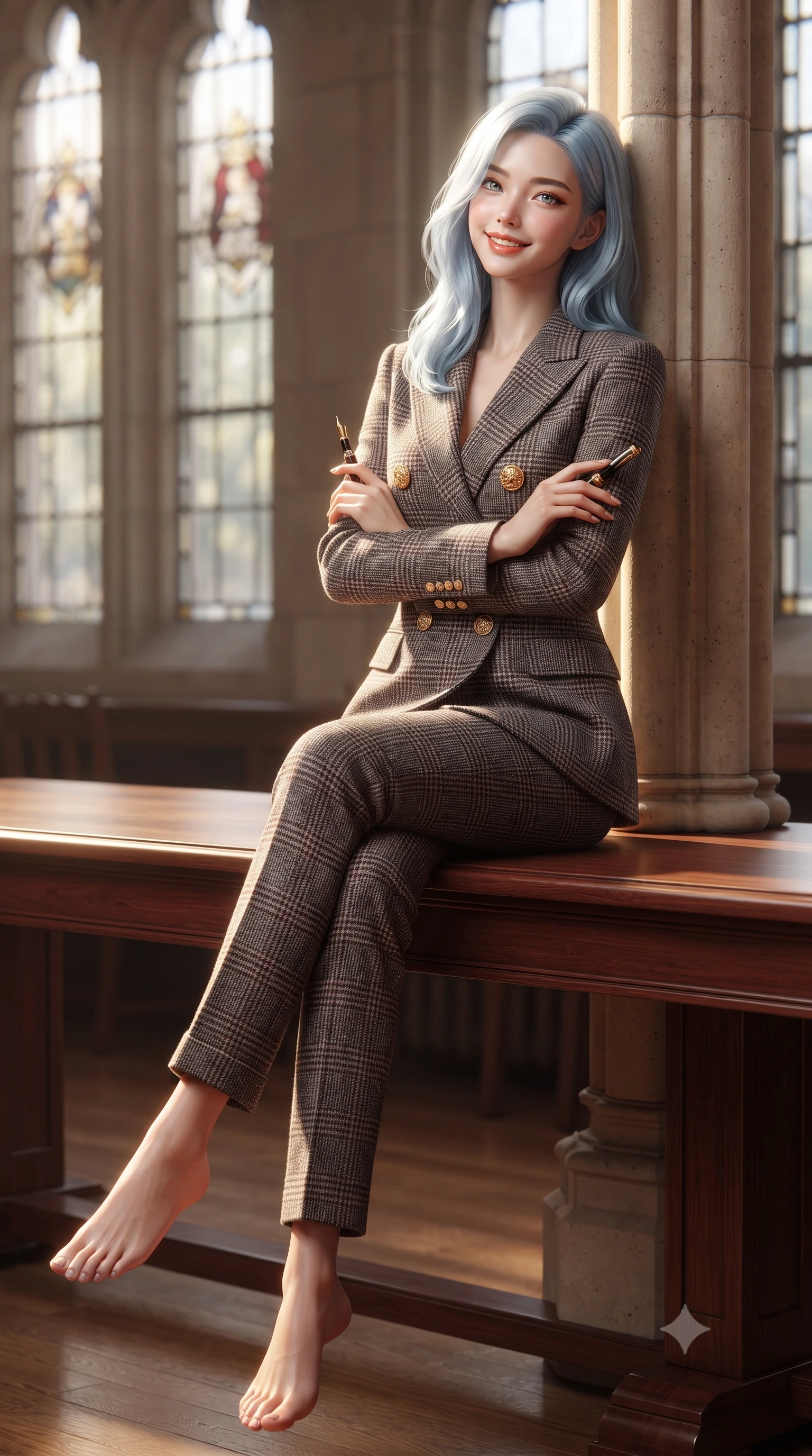 score_9, masterpiece, best quality, ultra-detailed, high-budget anime keyframe, editorial fashion photography, tasteful artistic composition, Korean woman. low angle full-body shot from head to toe showing her feet, filling the entire 9:16 vertical frame with her statuesque presence, stretching her vertical silhouette. leaning lightly against the sunlit architectural column with arms crossed loosely, flashing a warm, confident smile while sitting gracefully at the long polished mahogany study table with legs crossed, holding a fountain pen while looking up with a cheerful, captivating gaze. The background shows a soft-focus tall leaded stained glass windows softened in contemplative academic grandeur shallow focus. She has an exceptionally tall and slender model-like 8.5-heads proportion, an ultra-slim waist, a flat toned midriff, narrow delicate ribcage, and beautifully sculpted feminine hips creating a graceful, slim hourglass silhouette without any bulky heaviness, with impossibly long slender legs. sharp v-shaped jawline, high-bridge nose, intricate jewel-like sparkling eyes with depth, thick eyelashes, glossy parted lips with a natural peach sheen, bright cheerful beaming smile with an enchanting and coquettish sensual glint, exuding both youthful cute charm and seductive allure, flawlessly proportioned anatomical accuracy, strict slender model proportions, natural body alignment, perfectly sculpted long slender limbs, ultra-slim waistline, clean dynamic posture without body distortion. wearing a refined double-breasted wool gabardine pantsuit with clean minimalist tailoring and a concealed placket in classic glen plaid monochrome with subtle wine red accent, tailored from heritage British Harris Tweed with rich multi-tonal yarn weave, accented with an ornate 24k gold lion-embossed crest button along the front closure, the precision-cut high-waisted tailoring accentuating her ultra-slim waist and long slender leg line with immaculate aristocratic poise. illuminated by oak bookshelf reflection fill and soft champagne-gold rim lights defining her razor-sharp jawline and elegant tailored silhouette. ultra-reflective glossy finish, specular highlights, rich textural contrasts, high-contrast stereoscopic depth, volumetric dynamic lighting, 2k, ultra detail, master piece, 9:16 ratio