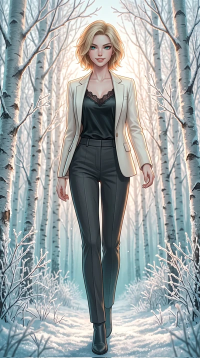score_9, masterpiece, best quality, ultra-detailed, high-budget anime keyframe, editorial fashion photography, tasteful artistic composition, Caucasian woman, strictly human ears. low angle full-body shot from head to toe showing her feet, filling th
