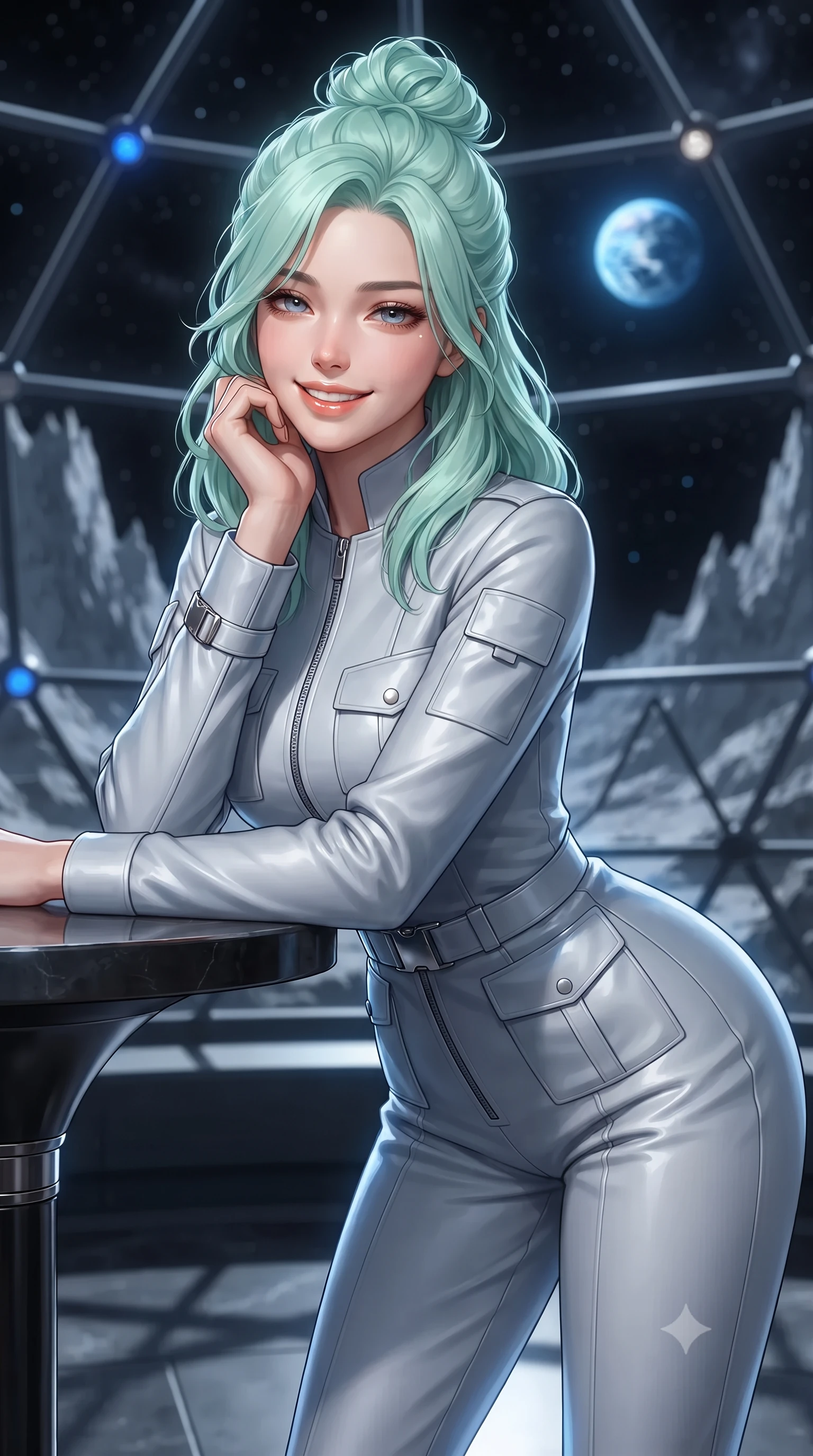 score_9, masterpiece, best quality, ultra-detailed, high-budget anime keyframe, editorial fashion photography, tasteful artistic composition, Japanese woman. close-up cowboy shot from the waist and thighs up, the character dominates the composition, filling the frame with her large presence. resting one elbow on the table and supporting her chin, leaning close to the camera with heavy-lidded sparkling eyes and parted lips while standing poised inside the pressurized geodesic glass dome overlooking the towering lunar mountain rims of Shackleton Crater, arching her spine with ethereal supermodel poise. The background shows a soft-focus jagged lunar peaks casting razor-sharp black shadows, glowing blue Earthrise in the starry black void, and dome structural nodes blurred into cobalt, diamond, and onyx bokeh. She has an exceptionally elegant, slender, and willowy female figure with an ultra-slim waist, flat toned midriff, narrow ribcage, and sculpted feminine hips creating an alluring, slim hourglass silhouette without bulk. sharp v-shaped jawline, high-bridge nose, intricate jewel-like sparkling eyes with depth, thick eyelashes, glossy parted lips with a natural peach sheen, bright cheerful beaming smile with an enchanting and coquettish sensual glint, exuding both youthful cute charm and seductive allure, flawlessly proportioned anatomical accuracy, strict slender model proportions, natural body alignment, perfectly sculpted long slender limbs, ultra-slim waistline, clean dynamic posture without body distortion. wearing a tailored high-tech safari suit with storm flaps and streamlined utility pockets in matte carbon finish in Shackleton lunar ice silver and Earthrise cobalt, crafted from bespoke double-faced cashmere with an exceptionally soft tactile finish, finished with sleek magnetic buckle closures fluttering in the breeze, the impeccably tailored cut draping gracefully along her slender figure with aristocratic poise. illuminated by basalt tile reflection bounce and sharp Earth-blue rim lights sculpting her jawline, narrow waist, and curvy hips. ultra-reflective glossy finish, specular highlights, rich textural contrasts, high-contrast stereoscopic depth, volumetric dynamic lighting, 2k, ultra detail, master piece, 9:16 ratio