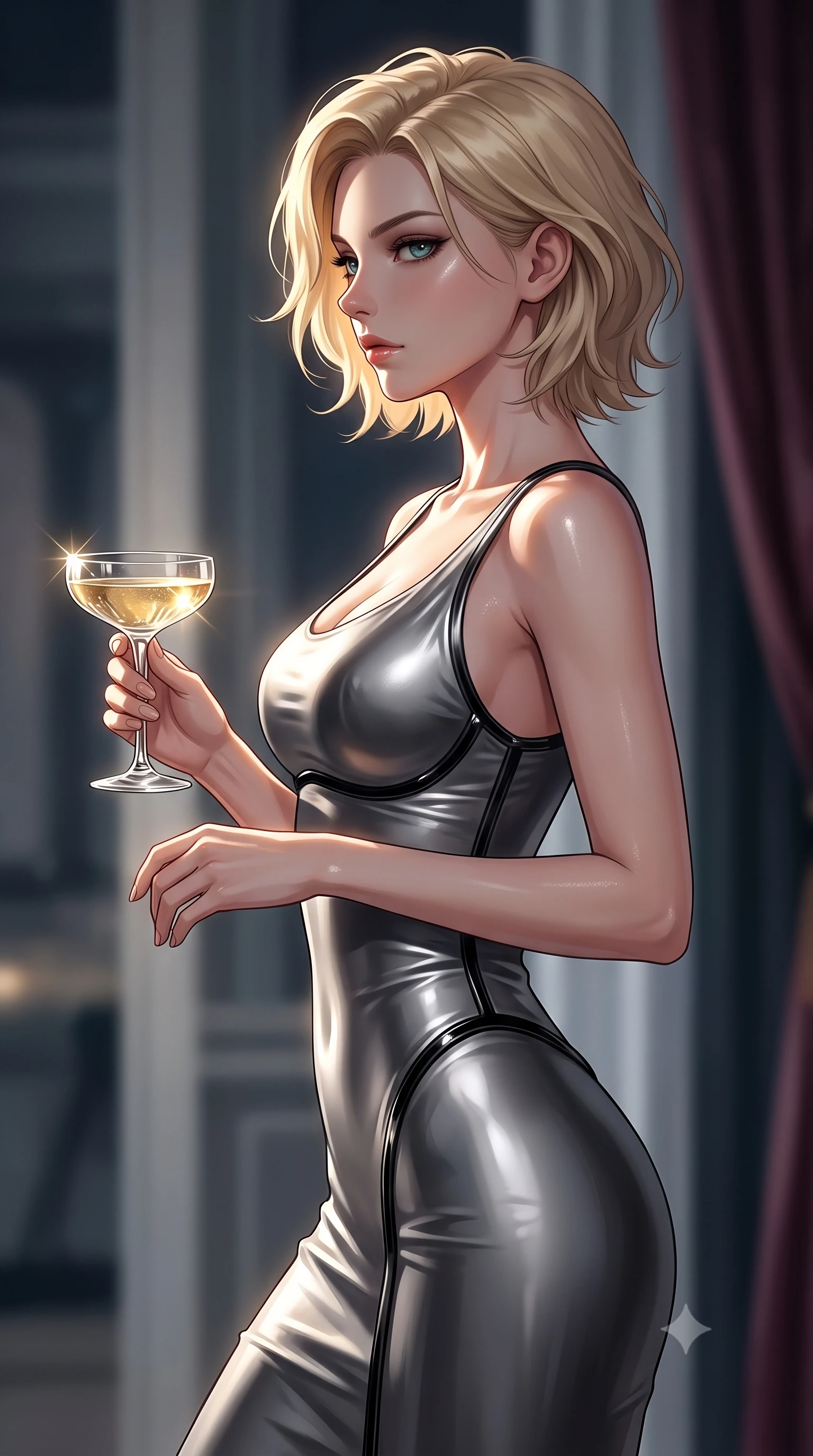 score_9, masterpiece, best quality, ultra-detailed, high-budget anime keyframe, editorial fashion photography, tasteful artistic composition, Caucasian woman. close-up cowboy shot from the waist and thighs up, the character dominates the composition, filling the frame with her large presence, background elements kept in soft focus. Turning her face in sharp dramatic profile against the key light, holding a crystal champagne coupe as soft golden light catches the liquid, composed air of effortless superiority in her direct, calm gaze. She has an exceptionally elegant, slender, and willowy female figure with an ultra-slim waist, a gracefully sculpted slender torso, and a refined silhouette. sharp v-shaped jawline, high-bridge nose, intricate jewel-like eyes with depth, thick eyelashes, glossy lips with a natural sheen. wearing aerodynamic second-skin dark silver metallic bodycon dress in pearl white, made of liquid dark mercury jersey, adorned with minimalist black onyx hardware framing the silhouette, contouring every curve with an exceptionally elegant silhouette. surrounded by moody chiaroscuro with sharp specular glints on glass and skin. highly saturated vibrant anime colors, detailed shading with soft gradients, rich glossy textures, high-contrast stereoscopic depth, volumetric dynamic lighting, master piece, 9:16 ratio