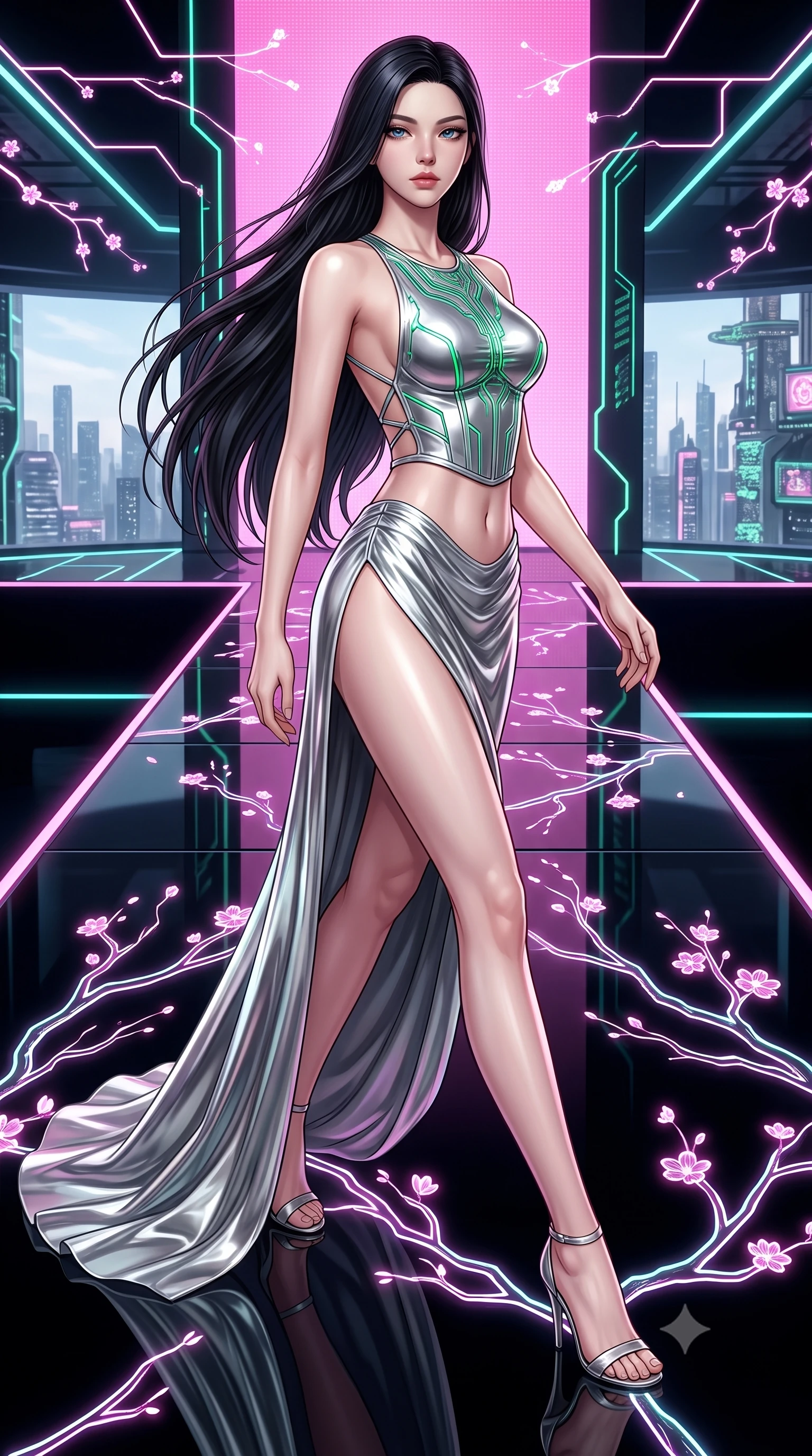 score_9, masterpiece, best quality, ultra-detailed, high-budget anime keyframe, semi-realistic 3D game render, editorial fashion photography, tasteful artistic composition, Korean woman. low angle full-body shot from head to toe showing her feet, filling the entire 9:16 vertical frame with her statuesque presence, stretching her vertical silhouette. striding forward with commanding supermodel grace, her 8.5-heads statuesque silhouette dominating the vertical frame from head to toe while pivoting dynamically on a black glass runway as holographic cherry blossom branches branch out in glowing neon lines. The surrounding environment is rendered in vivid detail and crisp panoramic clarity. vibrant contrast between rich digital pinks, obsidian black surfaces, and neon light in panoramic sharpness. She has an absolutely perfect, statuesque 8.5-heads proportion, an exceptionally tall and slender model-like female figure with impossibly long slender legs, a toned flat midriff, and an ultra-slim waist. sharp v-shaped jawline, high-bridge nose, intricate jewel-like eyes with depth, thick eyelashes, glossy lips with a natural sheen, flawlessly proportioned anatomical accuracy, strict slender model proportions, natural body alignment, perfectly sculpted long slender limbs, ultra-slim waistline, clean dynamic posture without body distortion. wearing a backless molten silver liquid-metal gown with a high-cut side slit and precision-fitted waist boning in radiant emerald green circuit lines and polished silver sheen, crafted from ultra-reflective second-skin liquid metal with a mirror-like polish, complemented by criss-cross back straps highlighting her completely bare spine, the form-contouring material adhering flawlessly to her sculpted flat midriff and slender torso, emphasizing her long leg lines and perfectly proportioned willowy build. surrounded by an exotic, romantic, and breathtakingly stylish cyber-goddess aura. rich saturated anime colors with glowing neon highlights, detailed shading with soft gradients, rich glossy textures, high-contrast stereoscopic depth, volumetric dynamic lighting, master piece, 9:16 ratio
