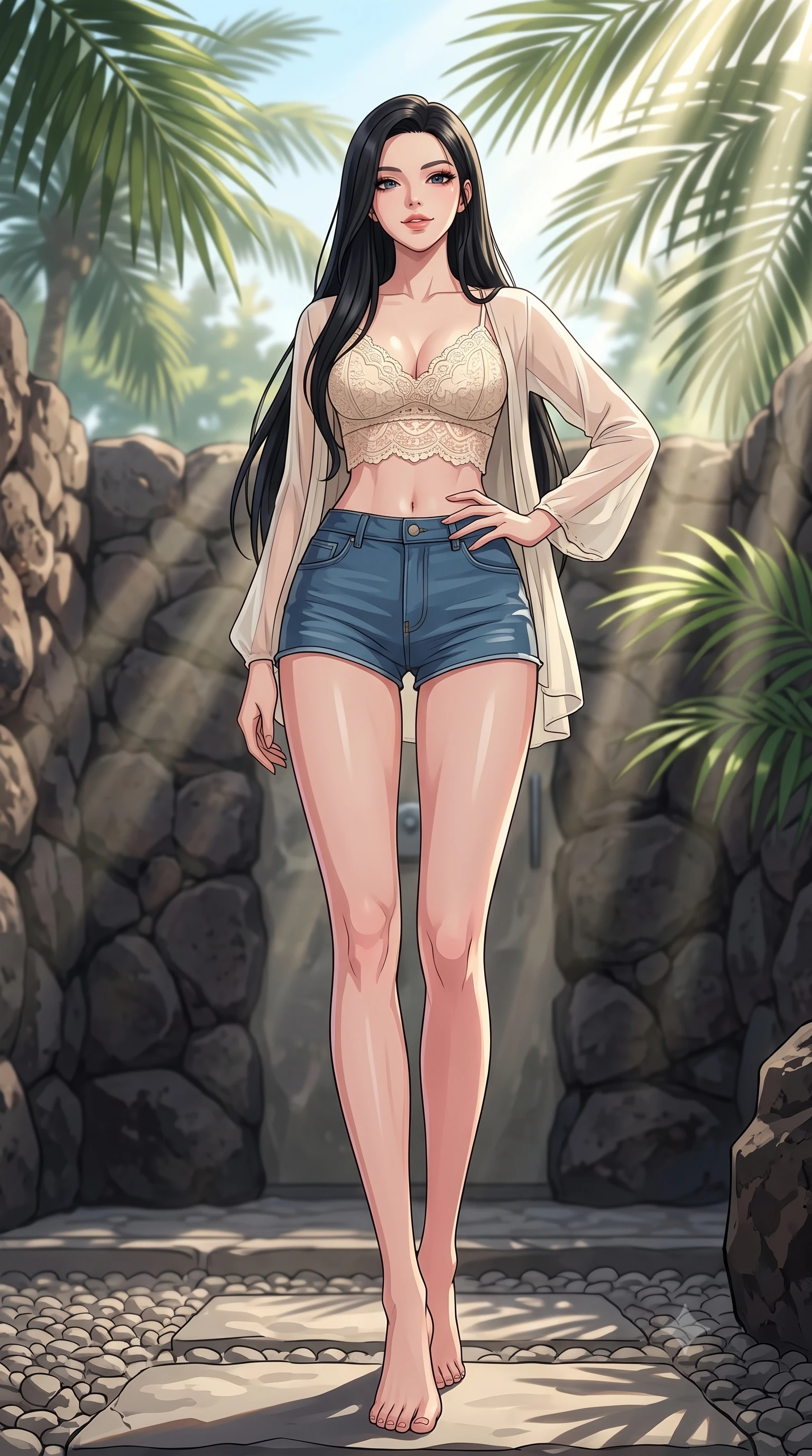 score_9, masterpiece, best quality, ultra-detailed, high-budget anime keyframe, tasteful artistic composition, Korean woman. low angle full-body shot from head to toe showing her feet, filling the entire 9:16 vertical frame with her statuesque presence, stretching her vertical silhouette. posing confidently with one hand on her hip, stretching her statuesque body to emphasize her curves the background shows a soft-focus a tropical outdoor villa shower built of volcanic rocks, surrounded by large palm leaves. She has an absolutely perfect, statuesque 8.5-heads proportion, an exceptionally tall and slender model-like female figure with impossibly long slender legs and an ultra-slim waist. sharp v-shaped jawline, high-bridge nose, intricate jewel-like eyes with depth, thick eyelashes, glossy lips with a natural sheen. wearing a body-hugging delicate lace crop top in cream, worn under a semi-opaque chiffon cardigan and denim shorts. sun rays slicing through the palm fronds, creating dramatic volumetric shafts of light. highly saturated vibrant anime colors, cel-shading, 2d style, master piece, 9:16 ratio