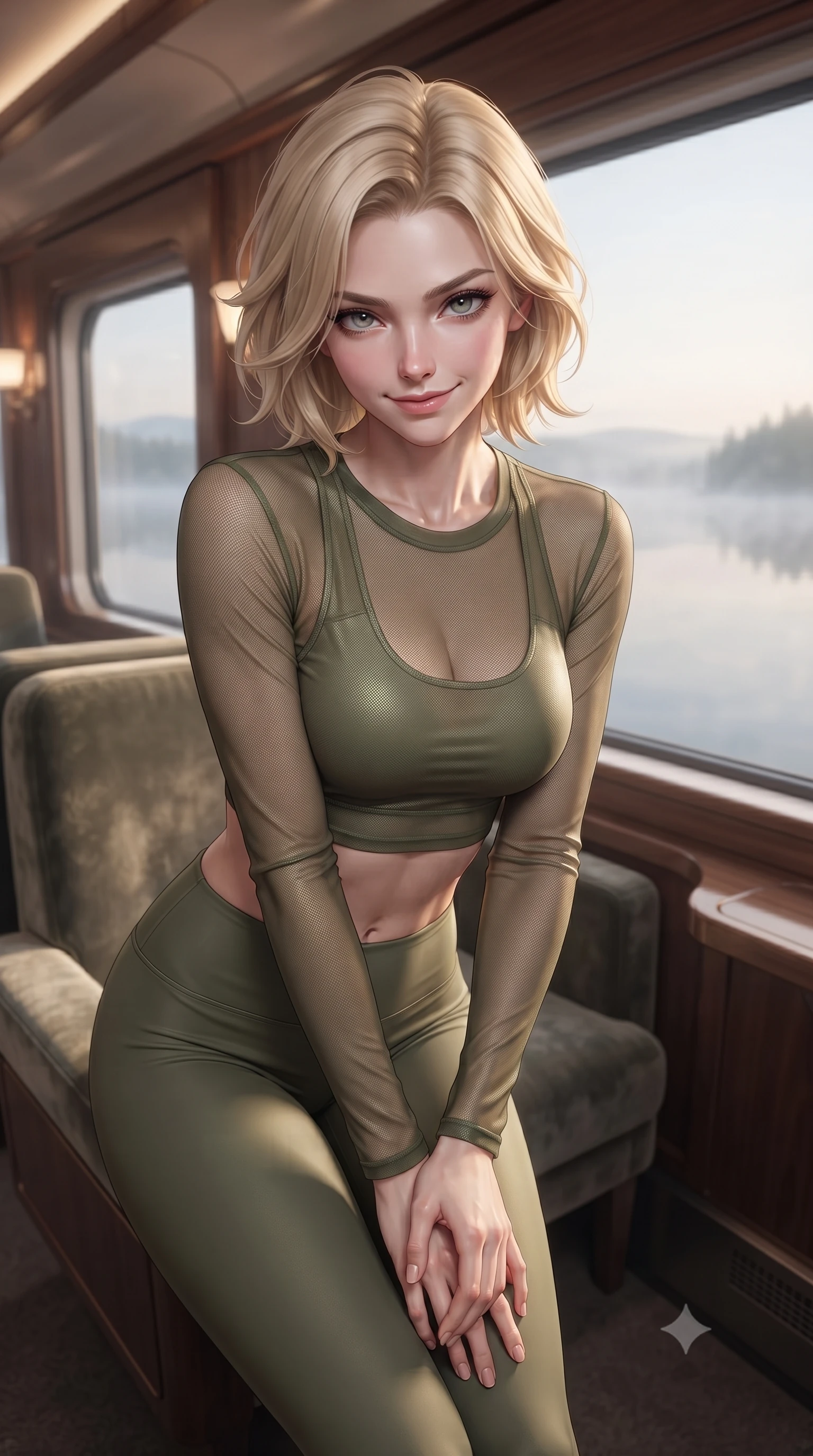 score_9, masterpiece, best quality, ultra-detailed, high-budget anime keyframe, editorial fashion photography, tasteful artistic composition, Caucasian woman. close-up cowboy shot from the waist and thighs up, the character dominates the composition, filling the frame with her large presence, background elements kept in soft focus. leaning slightly forward with a playful, teasing smile, her gaze locked onto the viewer the background shows a soft-focus the luxury lounge car of a high-speed train passing a misty lake at dawn. She has an exceptionally elegant, slender, and willowy female figure with an ultra-slim waist, a gracefully sculpted slender torso, and a refined silhouette. sharp v-shaped jawline, high-bridge nose, intricate jewel-like eyes with depth, thick eyelashes, glossy lips with a natural sheen. wearing a slim-fit sheer mesh long-sleeve crop top in olive green, worn over a matching sports bra and leggings. soft morning mist diffusing the sunlight, creating a tranquil atmosphere. ultra-reflective glossy finish, specular highlights, metallic sheen, high-contrast stereoscopic depth, volumetric dynamic lighting, 2k, ultra detail, master piece, 9:16 ratio