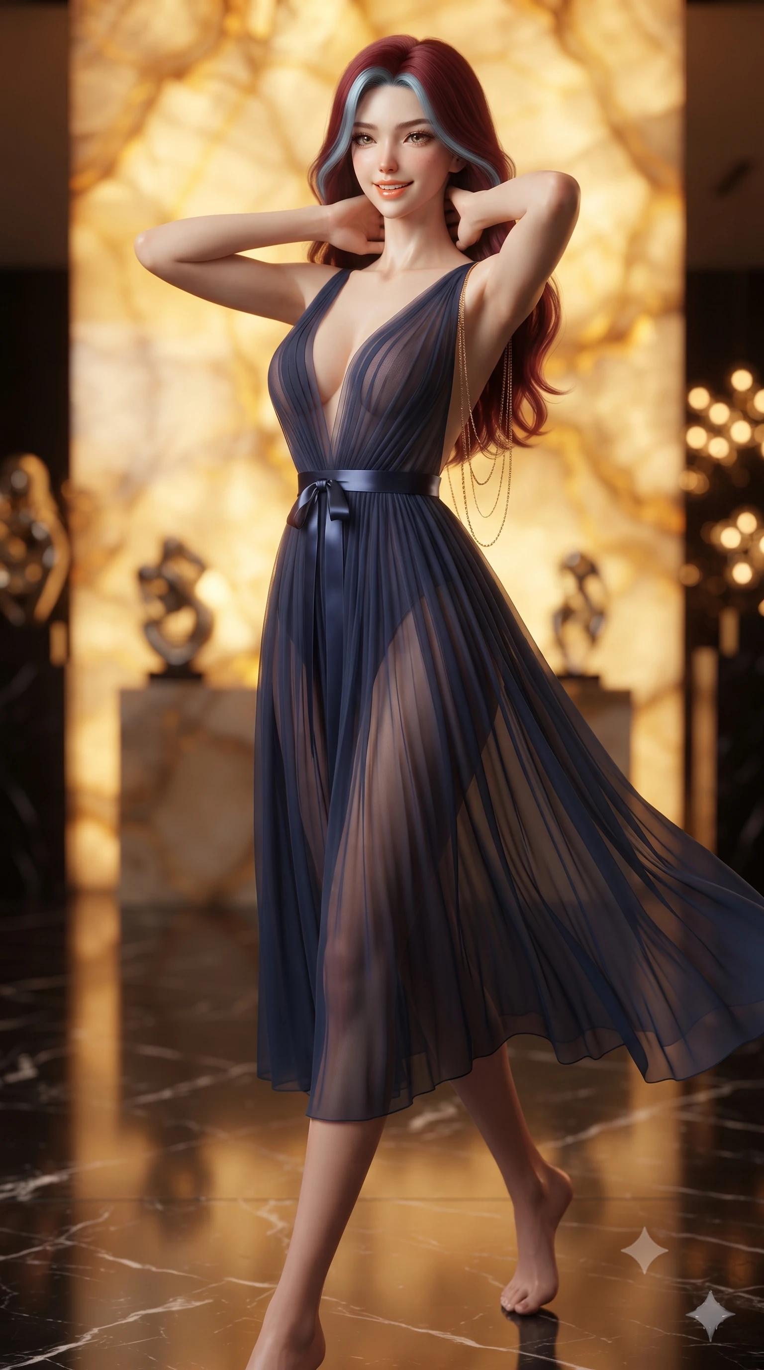 score_9, masterpiece, best quality, ultra-detailed, high-budget anime keyframe, editorial fashion photography, tasteful artistic composition, Caucasian woman. close-up cowboy shot from the waist and thighs up, the character dominates the composition, filling the frame with her large presence. resting both hands lightly behind her neck with elbows raised, arching her spine to highlight her narrow waist, flat midriff, and breathtaking collarbones while walking slowly across the polished black marble floor with tall model strides, her sheer gown revealing her long slender legs. The background shows a soft-focus glowing golden veining of the monumental translucent onyx slab, contemporary art sculptures, and twinkling Hannam-dong villa lights blurred into honey, topaz, and obsidian bokeh. She has an exceptionally elegant, slender, and willowy female figure with an ultra-slim waist, flat toned midriff, narrow ribcage, and sculpted feminine hips creating an alluring, slim hourglass silhouette without bulk. sharp v-shaped jawline, high-bridge nose, intricate jewel-like sparkling eyes with depth, thick eyelashes, glossy parted lips with a natural peach sheen, bright cheerful beaming smile with an enchanting and coquettish sensual glint, exuding both youthful cute charm and seductive allure, flawlessly proportioned anatomical accuracy, strict slender model proportions, natural body alignment, perfectly sculpted long slender limbs, ultra-slim waistline, clean dynamic posture without body distortion. wearing a sheer pleated chiffon baby-doll dress with a plunging sweetheart neckline and satin ribbon waist tie in moonlit Grand Canal sapphire navy and liquid platinum, woven from buttery-soft stretch lambskin leather adhering to her body like a second skin, accented with an open-back drape framed by falling strands of delicate gold chains, the precision-cut side openings and low-back scoop framing her graceful spine and the sensual sweep of her slim, toned hips. bathed in the rich, radiant warm-amber backlight radiating through the translucent onyx stone. ultra-reflective glossy finish, specular highlights, rich textural contrasts, high-contrast stereoscopic depth, volumetric dynamic lighting, 2k, ultra detail, master piece, 9:16 ratio