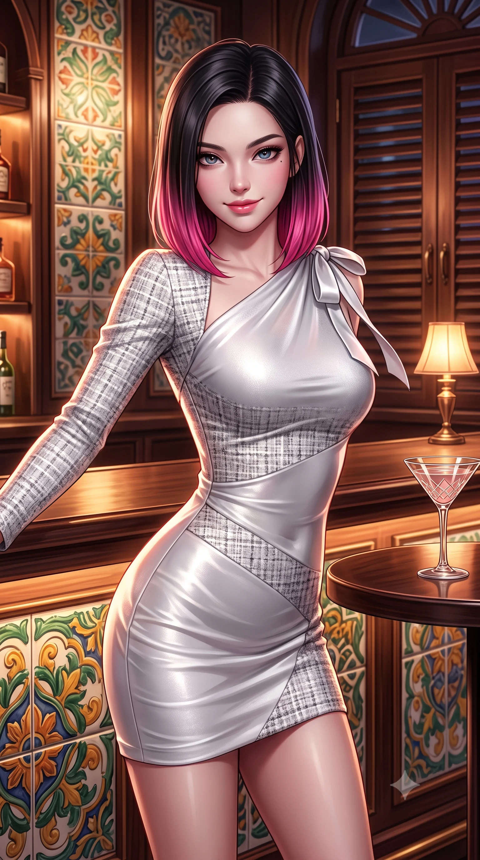 score_9, masterpiece, best quality, ultra-detailed, high-budget anime keyframe, semi-realistic 3D game render, editorial fashion photography, tasteful artistic composition, Korean woman. close-up cowboy shot from the waist and thighs up, the character dominates the composition, filling the frame with her large presence. leaning forward while arching her lower back to accentuate her curvy hips, looking into the camera with an intoxicating smoldering gaze and bedroom-eyes while twisting her slender torso in an alluring contrapposto stance beside the illuminated bar, warm cocktail lamp light tracing her flat midriff and curvy hips. The surrounding environment is rendered in vivid detail and crisp panoramic clarity: sharp hand-painted Peranakan majolica ceramic tile relief, historic timber louver shutter details, and cocktail glass facets in deep focus. She has an exceptionally elegant, slender, and willowy female figure with an ultra-slim waist, flat toned midriff, narrow ribcage, and sculpted feminine hips creating an alluring, slim hourglass silhouette without bulk. sharp v-shaped jawline, high-bridge nose, intricate jewel-like sparkling eyes with depth, thick eyelashes, glossy parted lips with a natural peach sheen, bright cheerful beaming smile with an enchanting and coquettish sensual glint, exuding both youthful cute charm and seductive allure, flawlessly proportioned anatomical accuracy, strict slender model proportions, natural body alignment, perfectly sculpted long slender limbs, ultra-slim waistline, clean dynamic posture without body distortion. wearing a liquid silk jersey asymmetrical long-sleeve cocktail dress clinging flawlessly to her narrow waist and hips in pure translucent crystal white and liquid platinum, woven from structured British tweed with subtle metallic flecks, finished with satin ribbon ties at the shoulders fluttering in the gentle breeze, the form-contouring silhouette accentuating her sculpted flat midriff, narrow delicate ribcage, and gracefully curvy hips with intoxicating allure. illuminated by bar counter reflection fill and sharp rose-gold rim lights defining her razor-sharp jawline, narrow waist, and curvy hips. highly saturated vibrant anime colors, detailed shading with soft gradients, rich glossy textures, high-contrast stereoscopic depth, volumetric dynamic lighting, master piece, 9:16 ratio