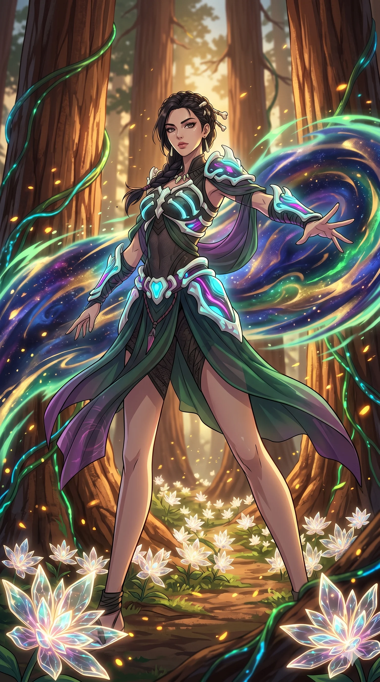 score_9, masterpiece, best quality, ultra-detailed, Set A: High-budget Anime Keyframe, Korean woman. Low angle cowboy shot filling the entire 9:16 frame with her statuesque presence. Theme: Abstract Cosmic. unleashing a massive energy wave in a giant redwood forest with glowing vines, while she leaves a trail of 156 blooming crystal flowers. The atmosphere is filled with golden hour with floating embers. She has an absolutely perfect 8-heads proportion, an exceptionally tall and slender female figure with impossibly long slender legs and an ultra-slim waist. Sharp v-shaped jawline, high-bridge nose, intricate jewel-like eyes with depth, glossy lips. Wearing Primal jungle-warrior outfit with bioluminescent bone-armor and sheer silk wraps. Cinematic lighting, vivid colors, dramatic shadows, 2k, ultra detail, master piece, 9:16 ratio