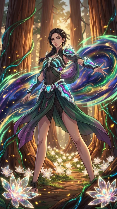 score_9, masterpiece, best quality, ultra-detailed, Set A: High-budget Anime Keyframe, Korean woman. Low angle cowboy shot filling the entire 9:16 frame with her statuesque presence. Theme: Abstract Cosmic. unleashing a massive energy wave in a giant