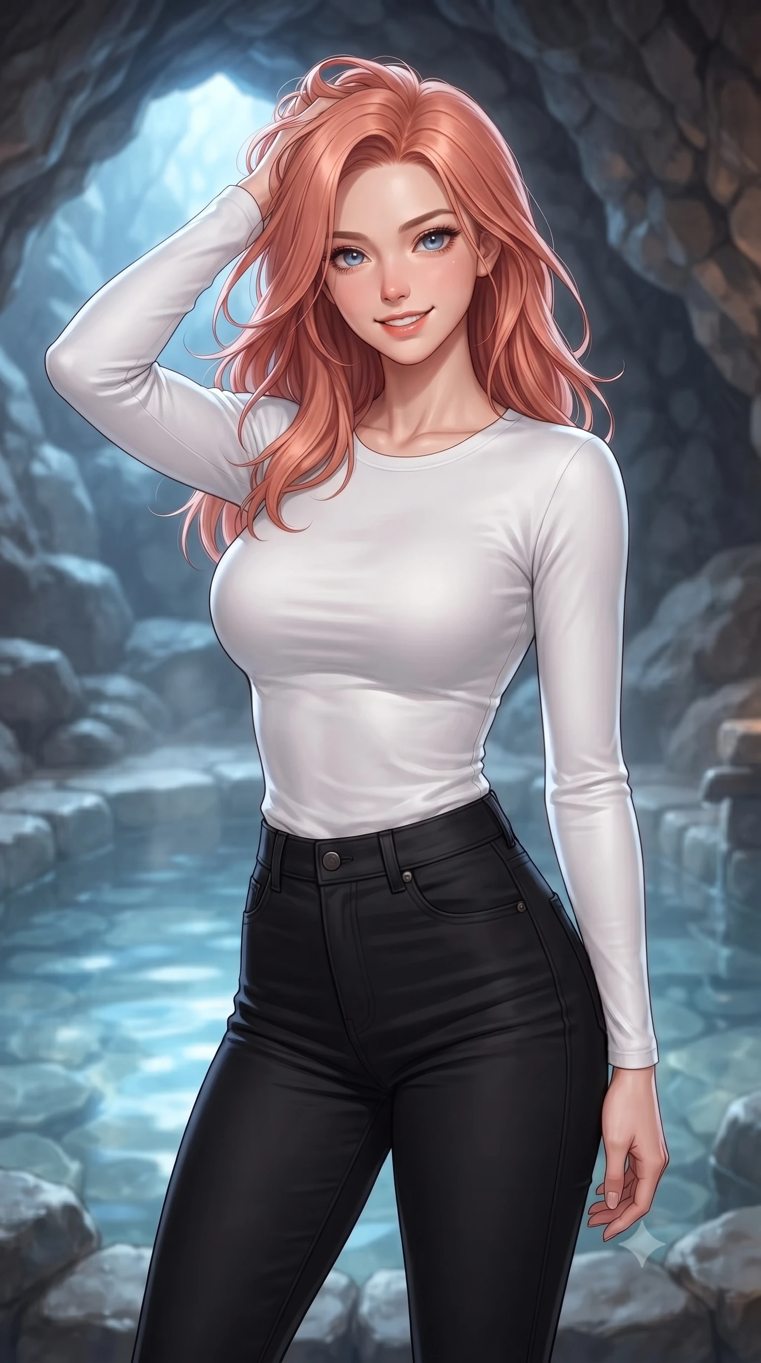 score_9, masterpiece, best quality, ultra-detailed, high-budget anime keyframe, editorial fashion photography, tasteful artistic composition, Japanese woman woman. close-up cowboy shot from the waist and thighs up, the character dominates the composition, filling the frame with her large presence, background elements kept in soft focus. smiling with quiet, magnetic self-assurance directly into the camera, running a hand through her hair the background shows a soft-focus a private stone bath pool built inside a natural rock cave with clear mineral water. She has an exceptionally elegant, slender, and willowy female figure with an ultra-slim waist, a gracefully sculpted slender torso, and a refined silhouette. sharp v-shaped jawline, high-bridge nose, intricate jewel-like eyes with depth, thick eyelashes, glossy lips with a natural sheen. wearing a slim-fit tight-fitting long-sleeve tee in pure white, tucked into high-waisted black skinny pants. soft blue light reflecting from the pool water onto the rocky cave ceiling. ultra-reflective glossy finish, specular highlights, metallic sheen, high-contrast stereoscopic depth, volumetric dynamic lighting, 2k, ultra detail, master piece, 9:16 ratio