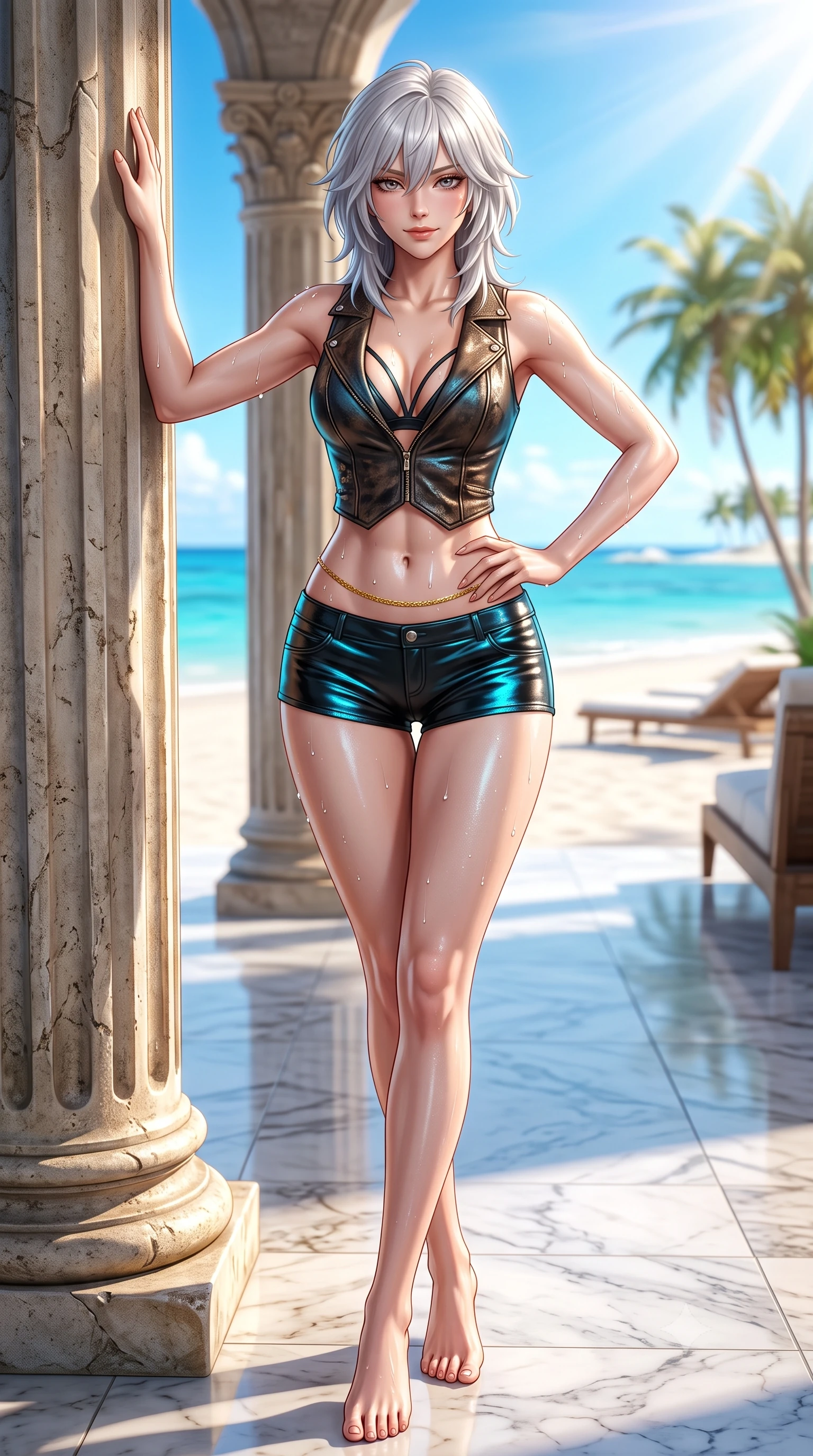 score_9, masterpiece, best quality, ultra-detailed, high-budget anime keyframe, semi-realistic 3D game render, editorial fashion photography, tasteful artistic composition, Japanese woman. low angle full-body shot from head to toe showing her feet, filling the entire 9:16 vertical frame with her statuesque presence, stretching her vertical silhouette. standing tall beside the architectural column, one hand resting high while arching her lower back to emphasize her sculpted feminine hips and slender waist while lounging across the circular white canvas daybed with legs crossed, arching her lower back with sovereign Riviera beach allure. The surrounding environment is rendered in vivid detail and crisp panoramic clarity: detailed wet-look neoprene zip swimsuit cling, gold waist chain shine, and luxury beach club styling in razor-sharp precision. She has an absolutely perfect, statuesque 8.5-heads proportion, an exceptionally tall and slender model-like female figure with impossibly long slender legs, an ultra-slim waist, a flat toned midriff, narrow delicate ribcage, and beautifully sculpted feminine hips creating a graceful, slim hourglass silhouette without any bulky heaviness. sharp v-shaped jawline, high-bridge nose, sparkling eyes with hypnotic seductive depth, thick curled eyelashes, glossy parted lips with a natural dewy peach sheen, alluring bedroom-eyes with an enchanting coquettish smile, exuding magnetic siren charisma and sophisticated glamour, flawlessly proportioned anatomical accuracy, strict slender model proportions, natural body alignment, perfectly sculpted long slender limbs, ultra-slim waistline, clean dynamic posture without body distortion. wearing a form-contouring distressed leather vest worn open over a strappy micro-bralette and low-rise leather hot-pants in wet-look onyx black with electric cyan reflections, tailored from second-skin technical compression neoprene with athletic curve-sculpting stretch, finished with glistening drops of seawater beading across her sculpted shoulders and flat midriff, the form-contouring silhouette accentuating her sculpted flat midriff, narrow delicate ribcage, and gracefully curvy hips with intoxicating allure. bathed in brilliant Mediterranean afternoon sunlight bouncing up from white sands and turquoise water. highly saturated vibrant anime colors, detailed shading with soft gradients, rich glossy textures, high-contrast stereoscopic depth, volumetric dynamic lighting, master piece, 9:16 ratio